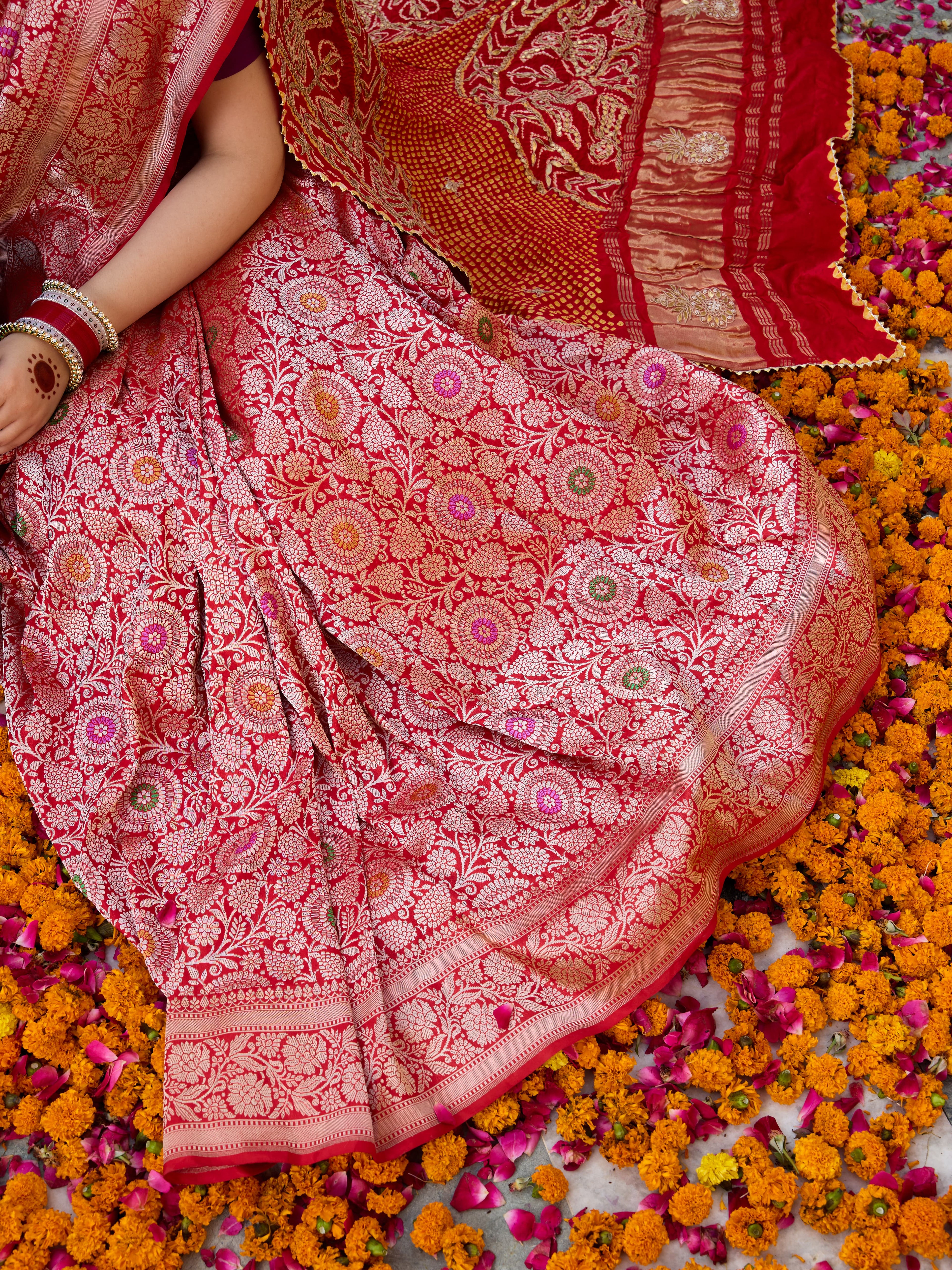 Handwoven Banarasi Katan Silk Jangla Saree in Bridal Red