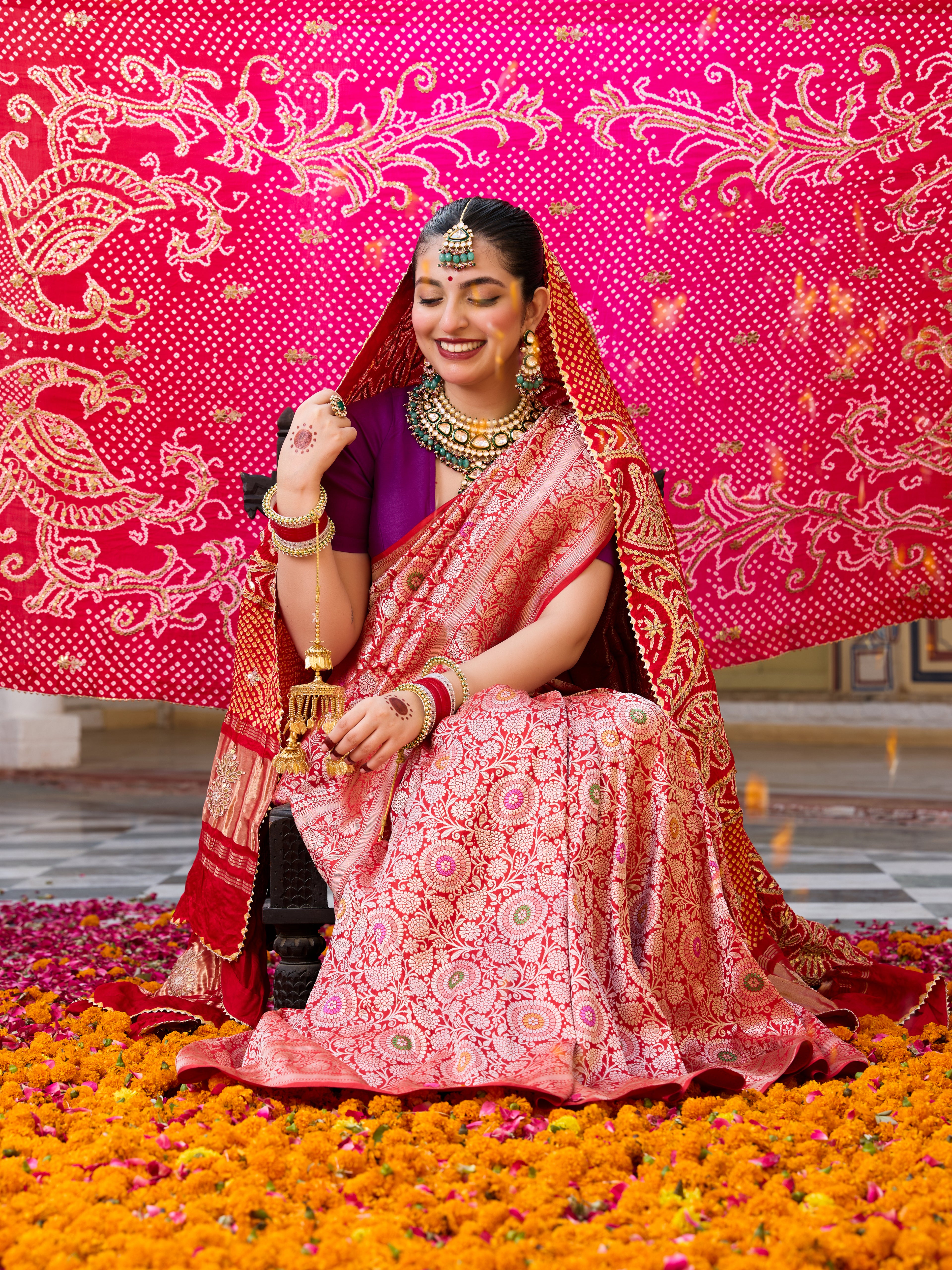 Handwoven Banarasi Katan Silk Jangla Saree in Bridal Red