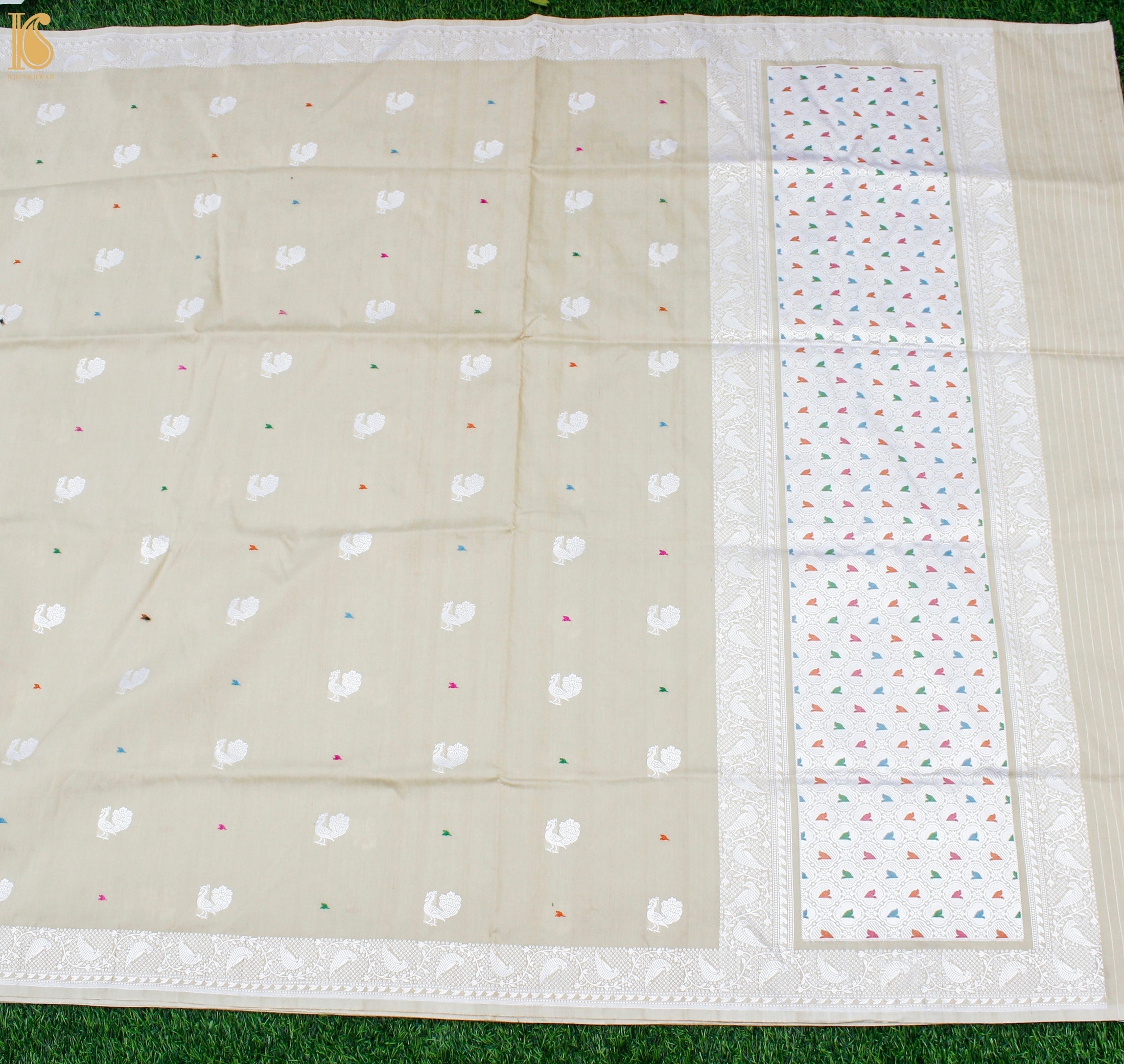 Ecru White Pure Moonga Silk Handloom Banarasi Bird Saree - Dyeable - Khinkhwab