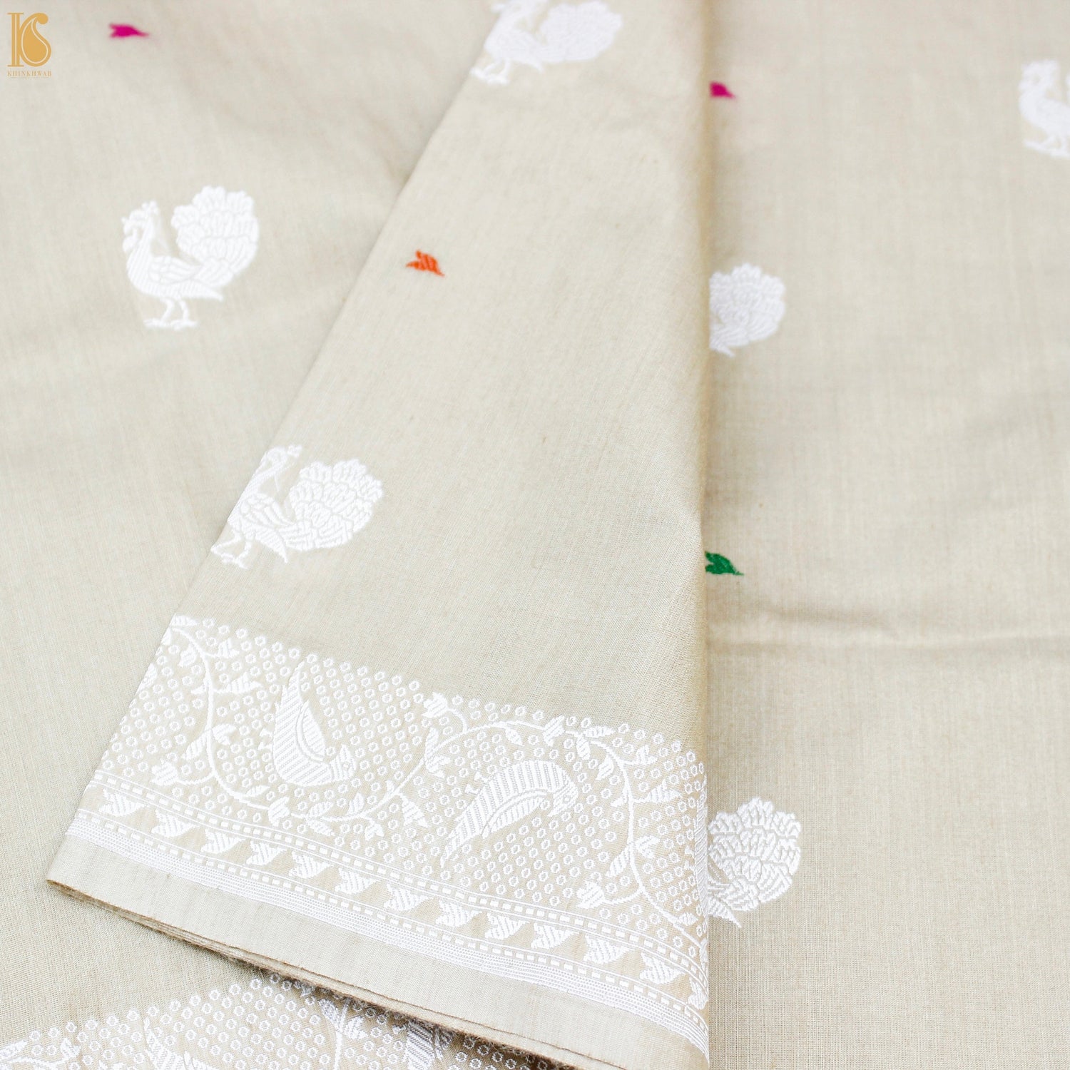 Ecru White Pure Moonga Silk Handloom Banarasi Bird Saree - Dyeable - Khinkhwab