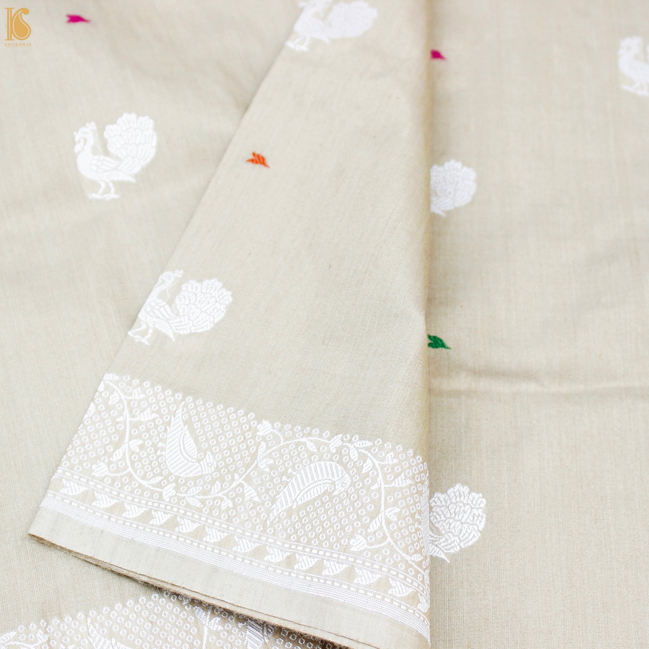 Ecru White Pure Moonga Silk Handloom Banarasi Bird Saree - Dyeable - Khinkhwab