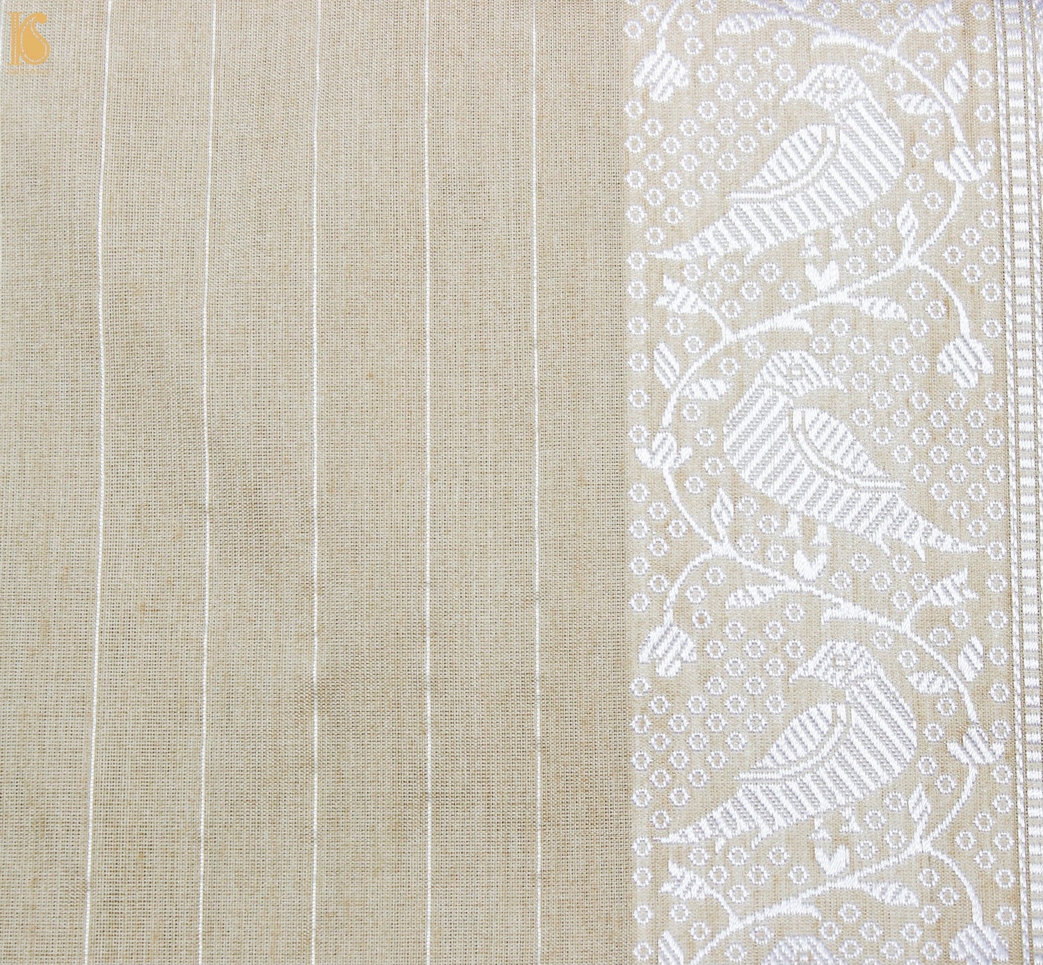 Ecru White Pure Moonga Silk Handloom Banarasi Bird Saree - Dyeable - Khinkhwab