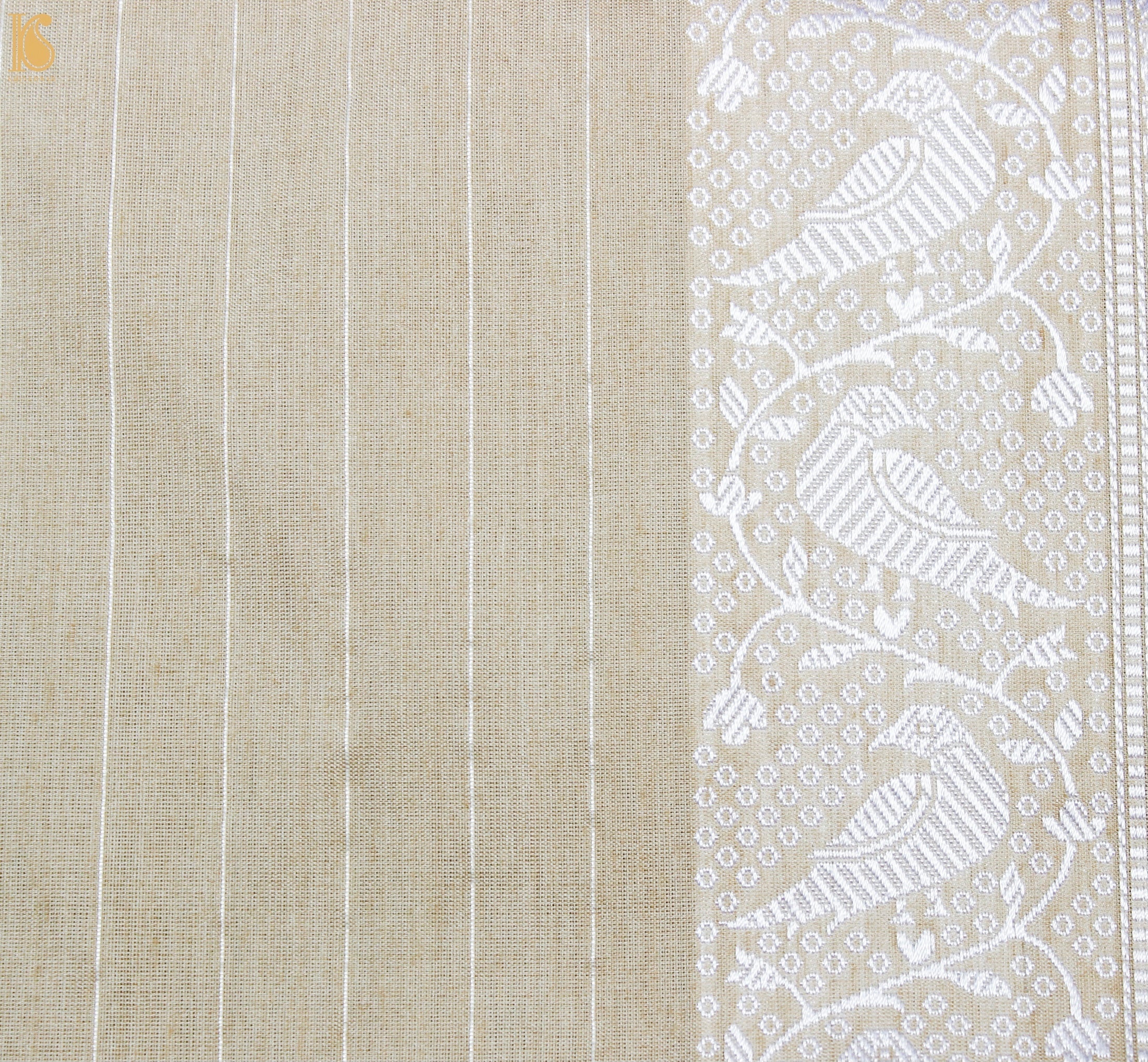 Ecru White Pure Moonga Silk Handloom Banarasi Bird Saree - Dyeable - Khinkhwab
