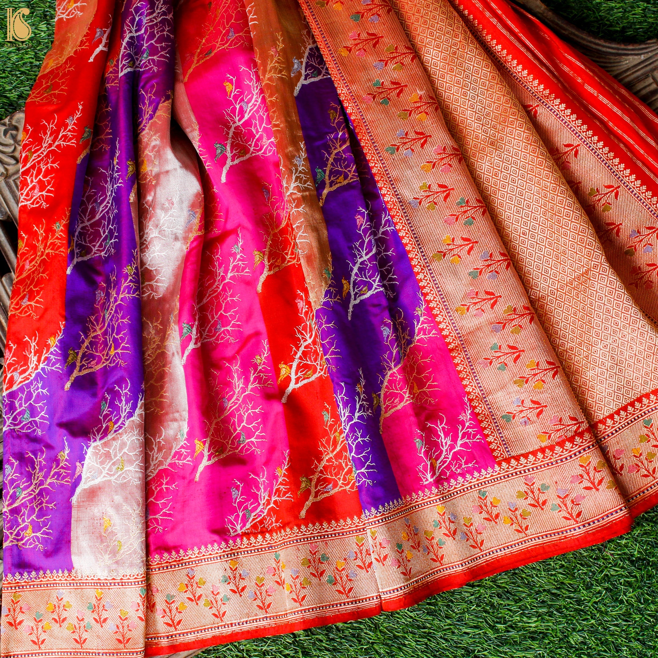 Scarlet Red Handloom Banarasi Pure Katan Silk Rangkat Bird Kadwa Saree - Khinkhwab