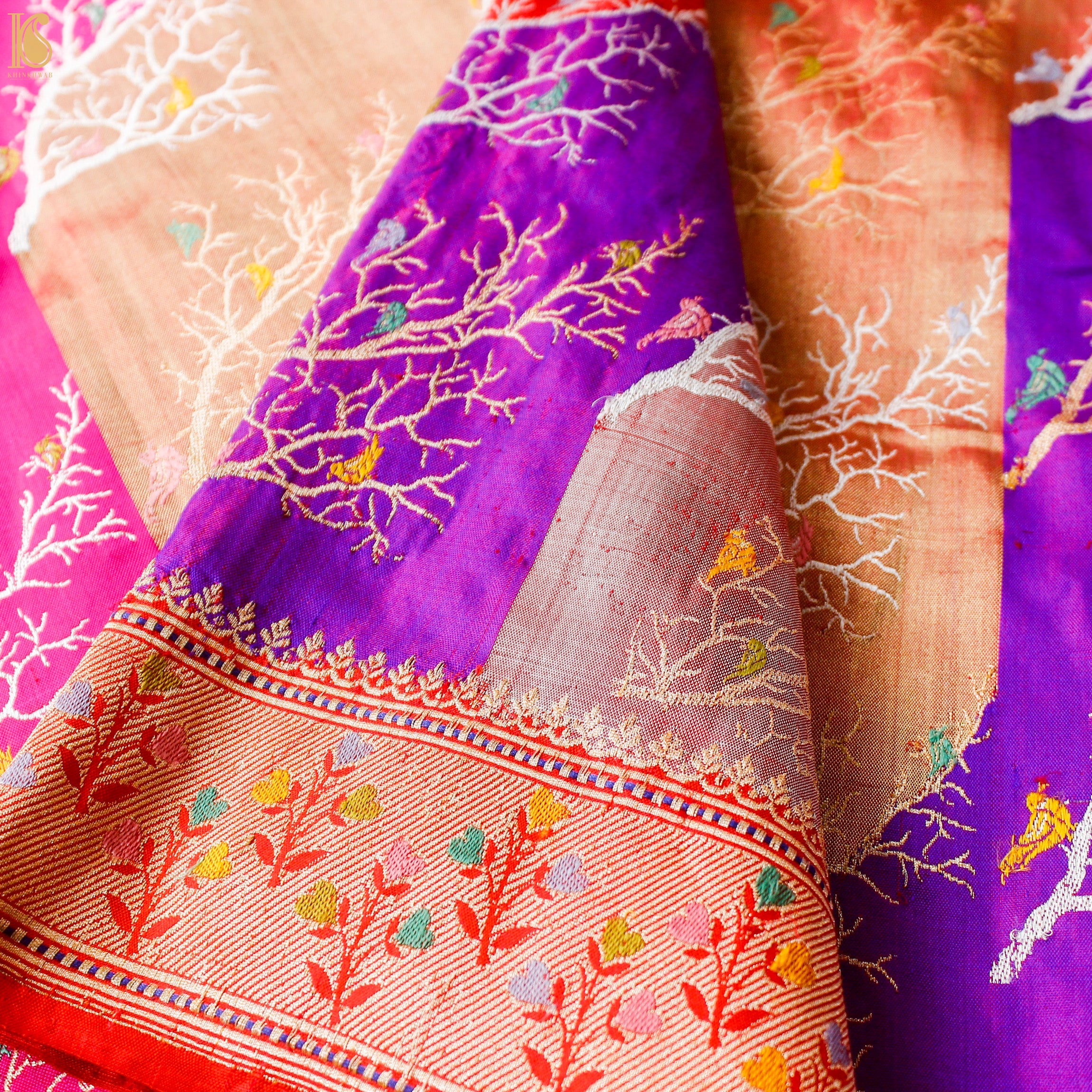 Scarlet Red Handloom Banarasi Pure Katan Silk Rangkat Bird Kadwa Saree - Khinkhwab