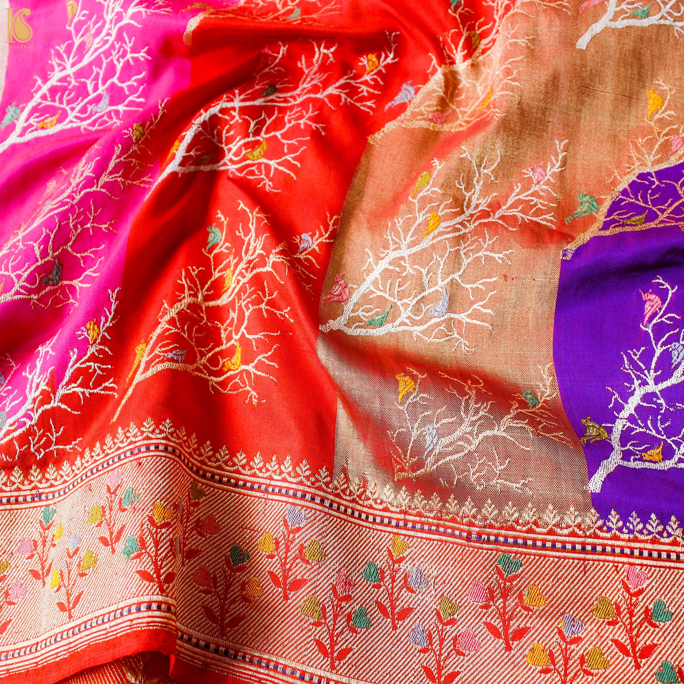 Scarlet Red Handloom Banarasi Pure Katan Silk Rangkat Bird Kadwa Saree - Khinkhwab
