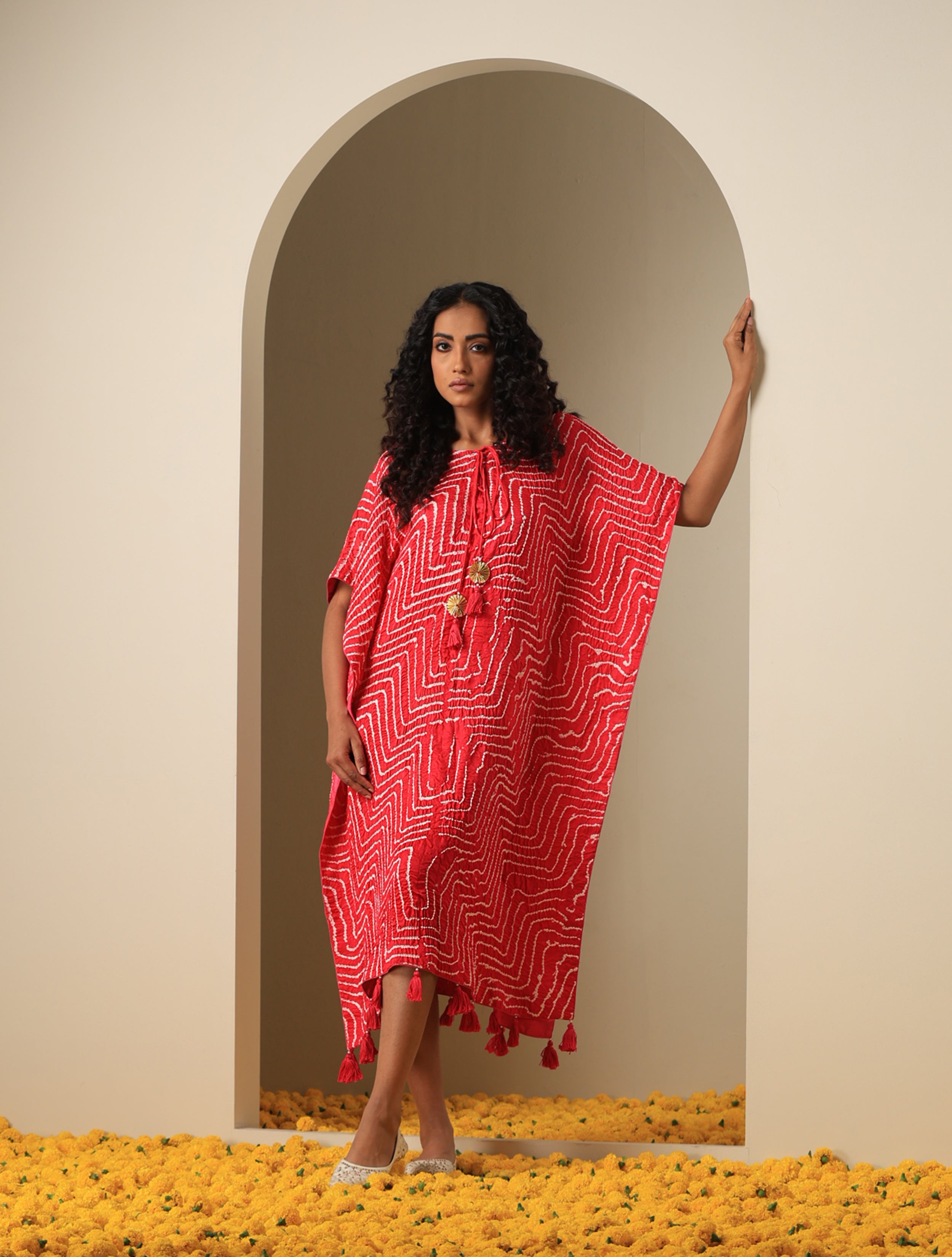 Gajji Silk Bandhani Stitched Kaftan in Cherry Red