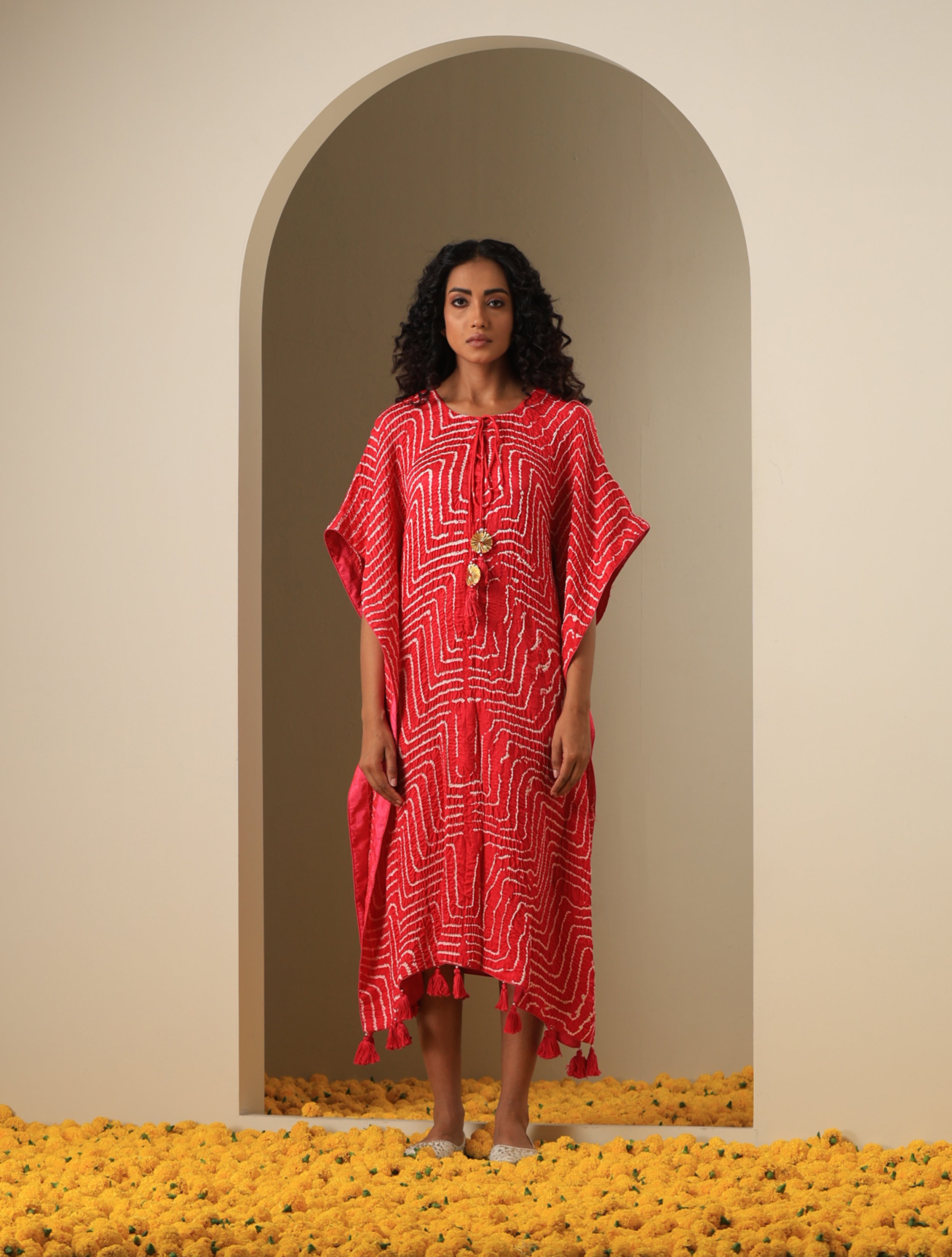 Gajji Silk Bandhani Stitched Kaftan in Cherry Red