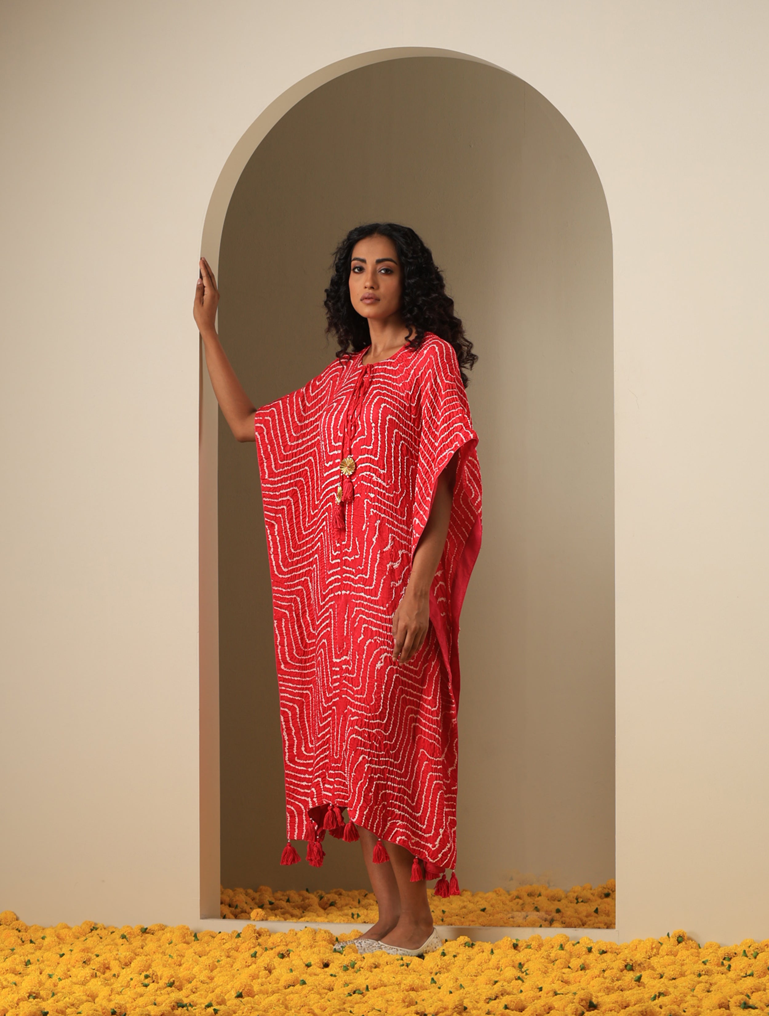 Gajji Silk Bandhani Stitched Kaftan in Cherry Red