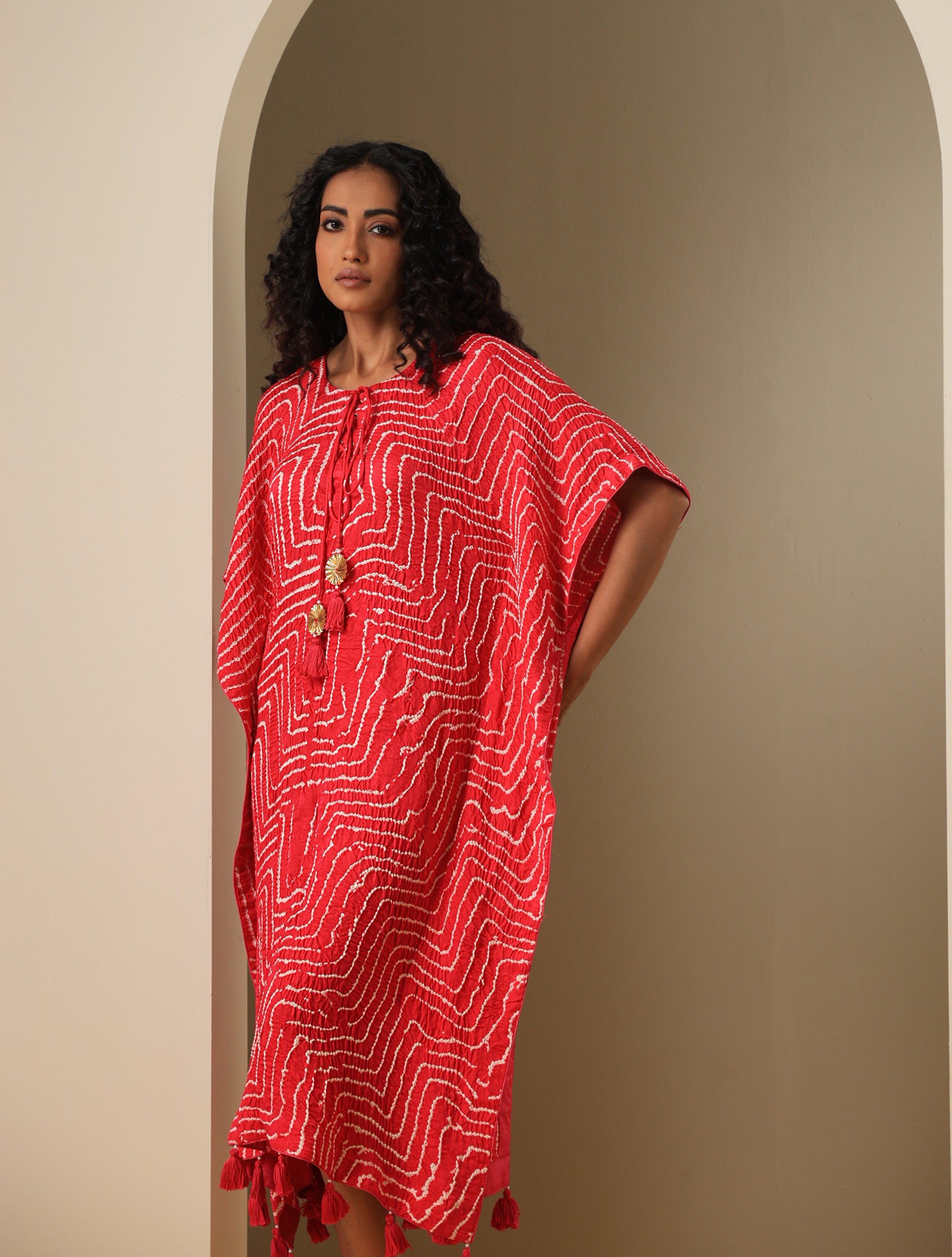 Gajji Silk Bandhani Stitched Kaftan in Cherry Red