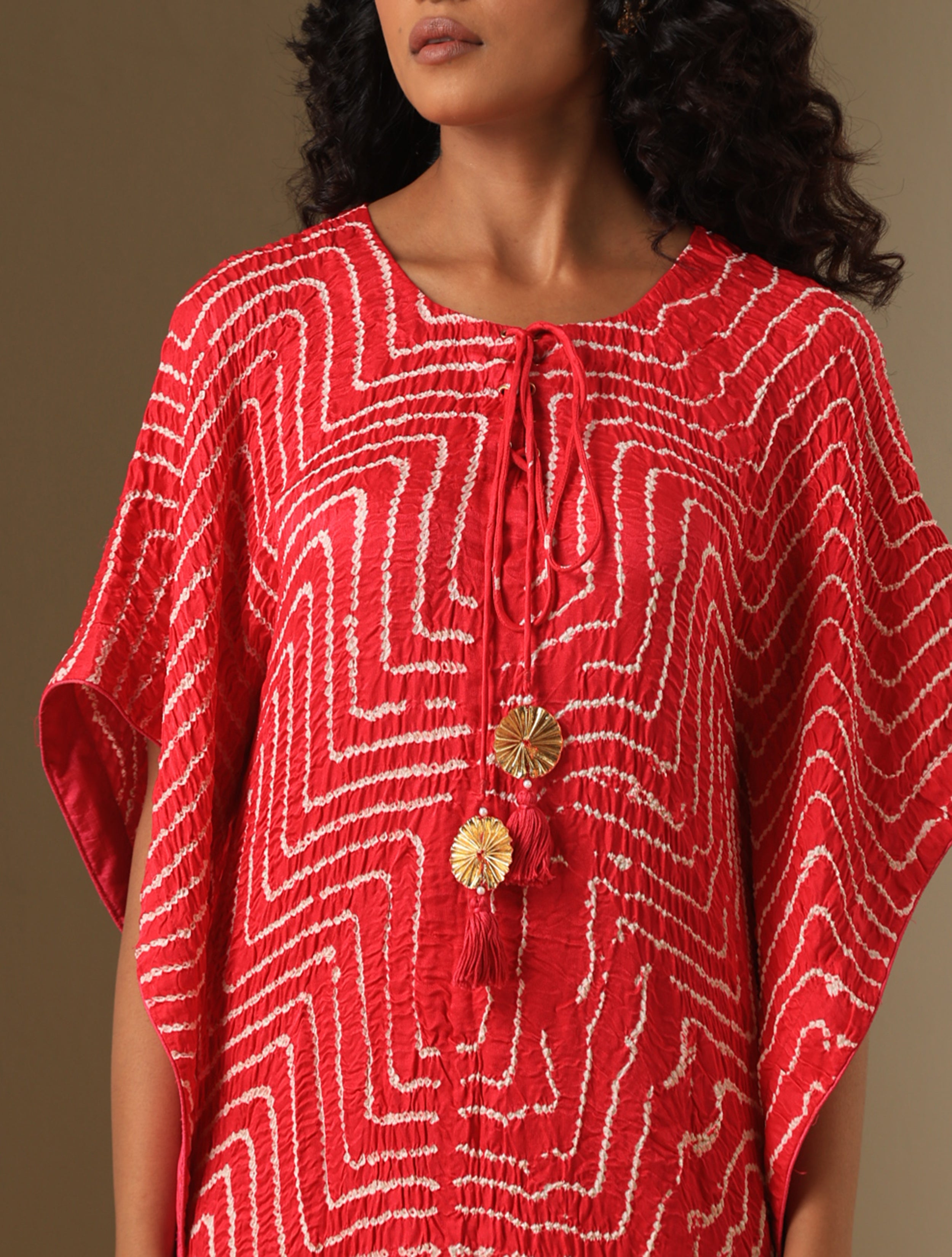 Gajji Silk Bandhani Stitched Kaftan in Cherry Red