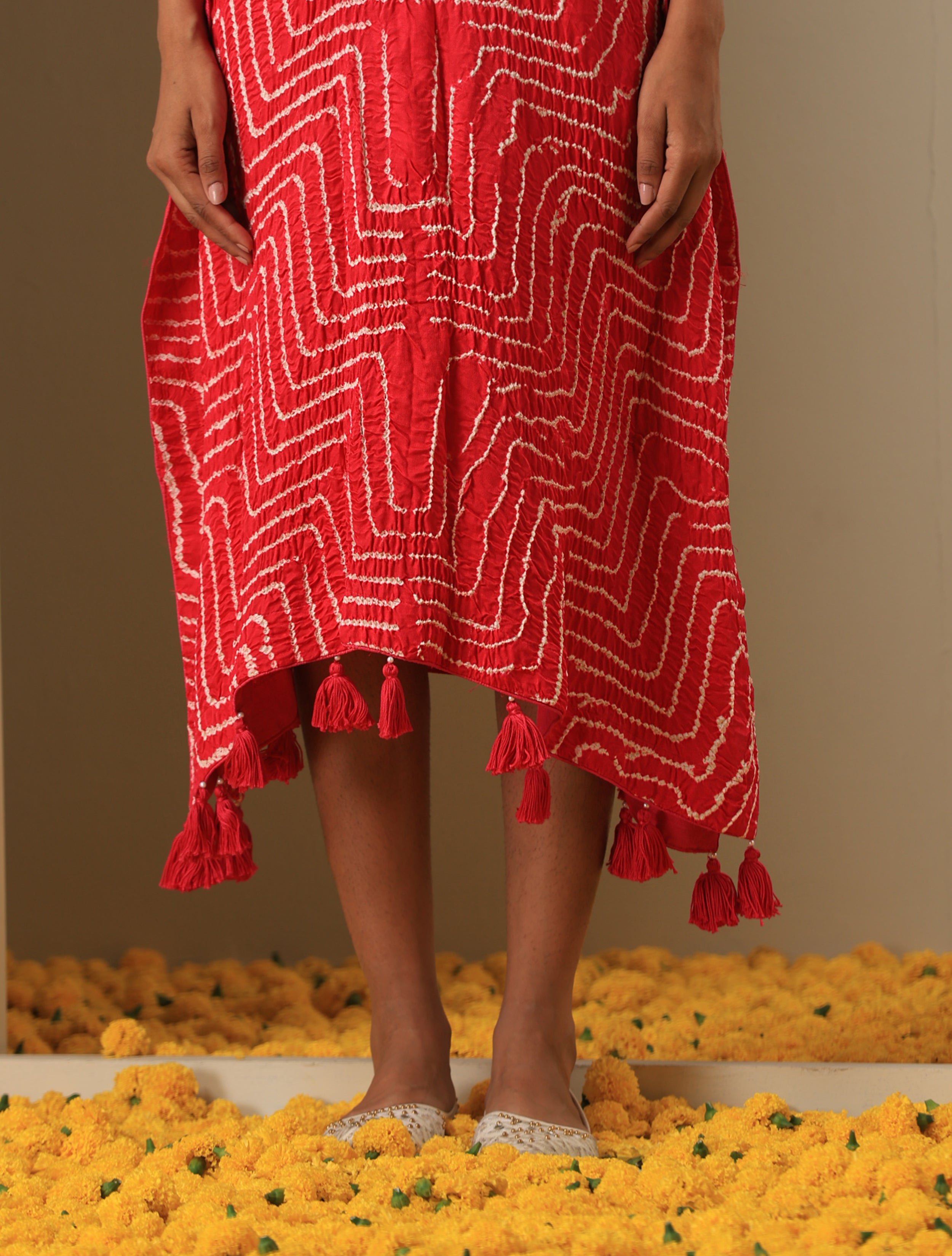 Gajji Silk Bandhani Stitched Kaftan in Cherry Red