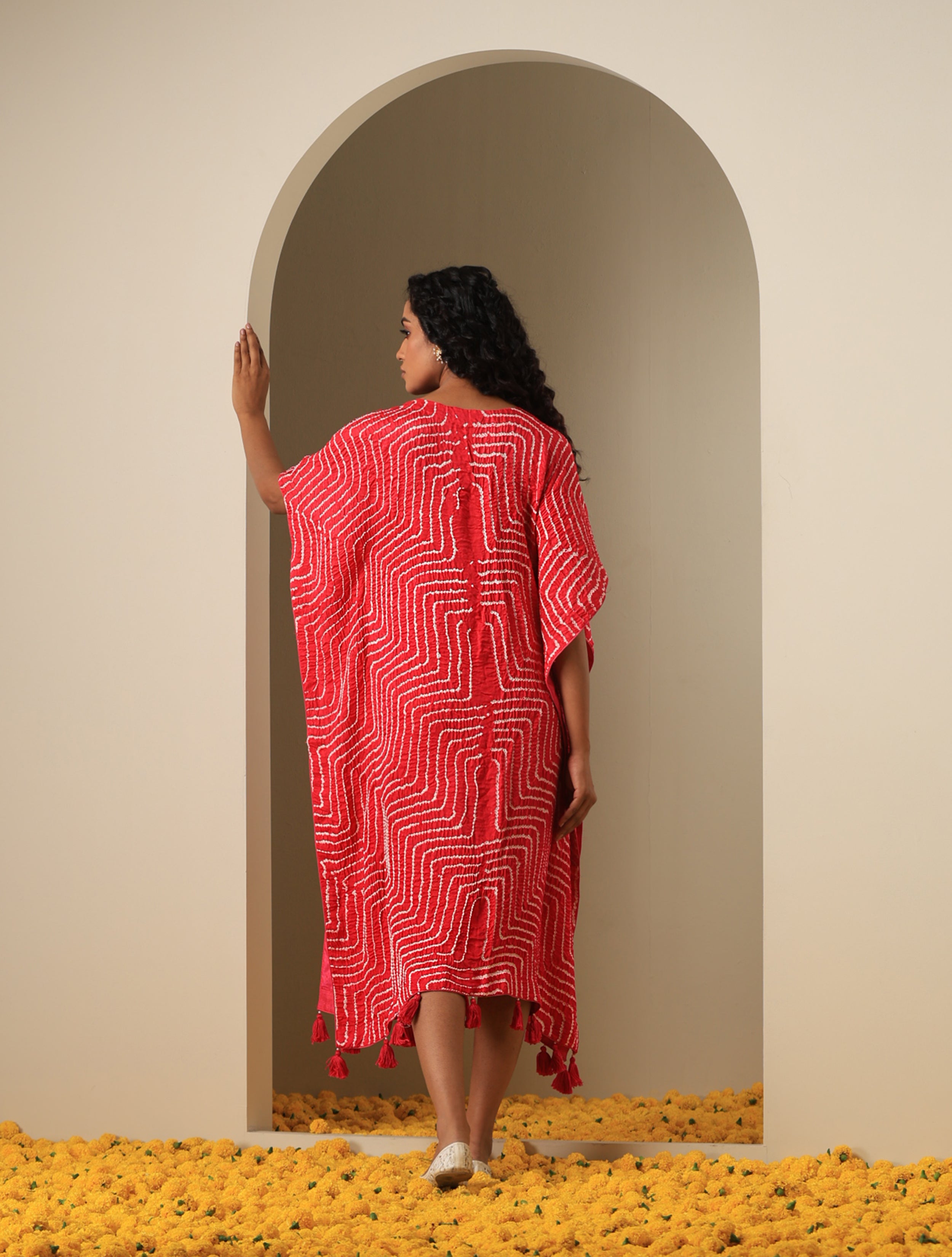 Gajji Silk Bandhani Stitched Kaftan in Cherry Red