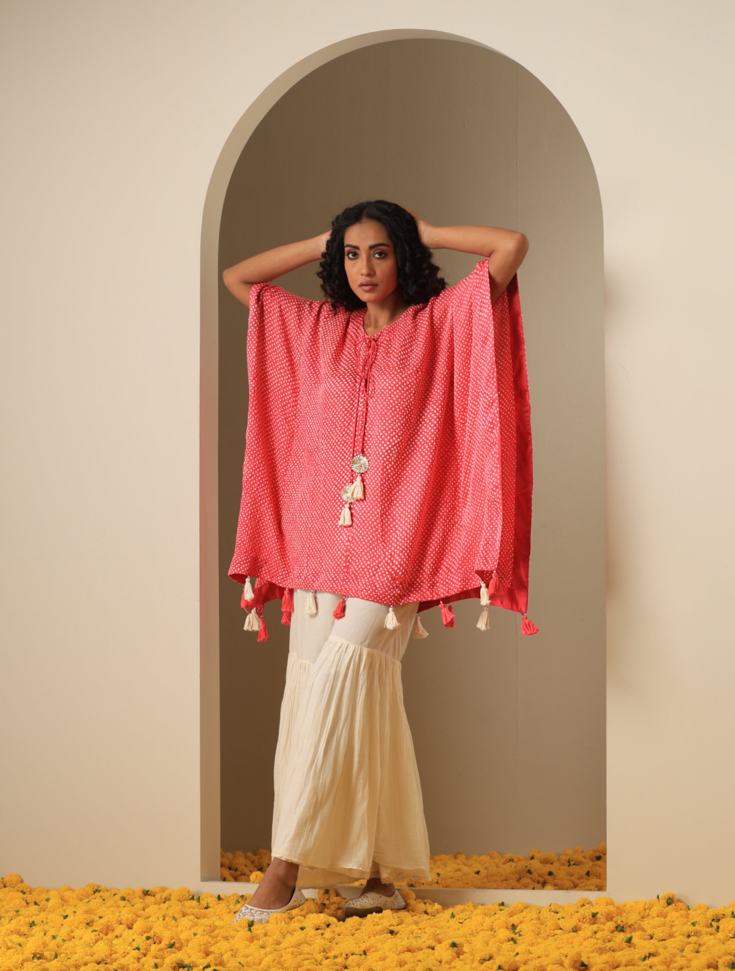 Gajji Silk Bandhani Stitched Kaftan Top in Coral Pink