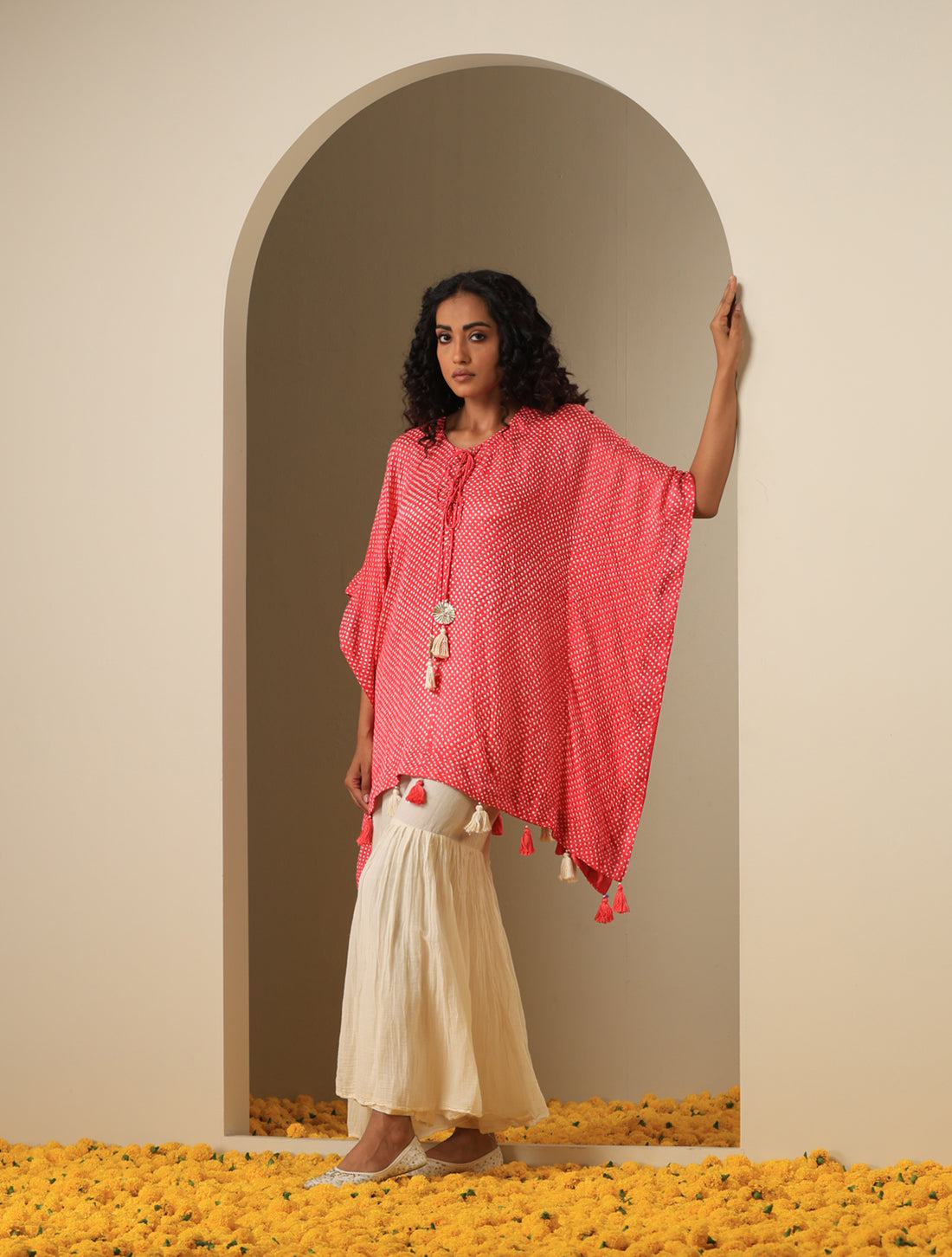 Gajji Silk Bandhani Stitched Kaftan Top in Coral Pink