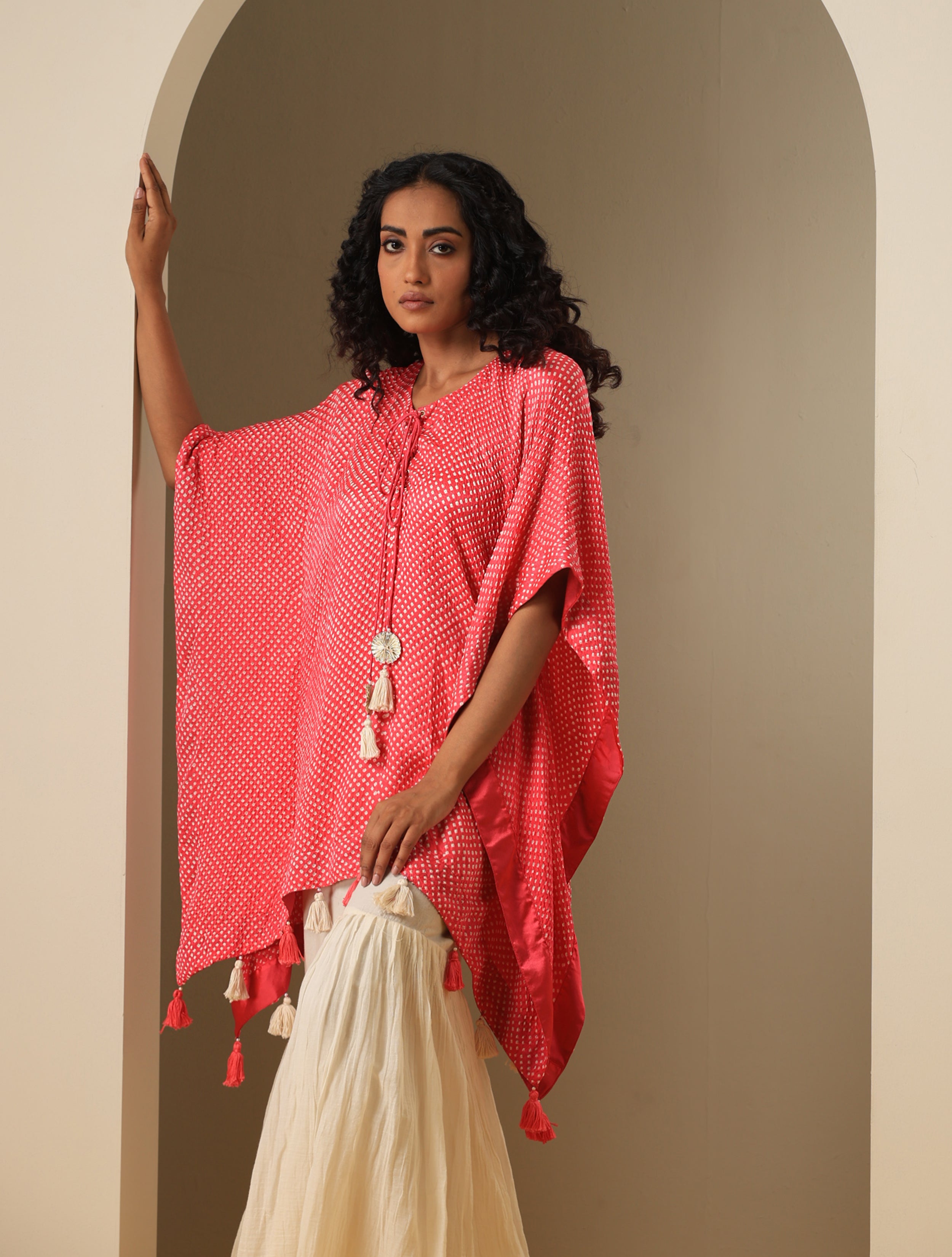Gajji Silk Bandhani Stitched Kaftan Top in Coral Pink