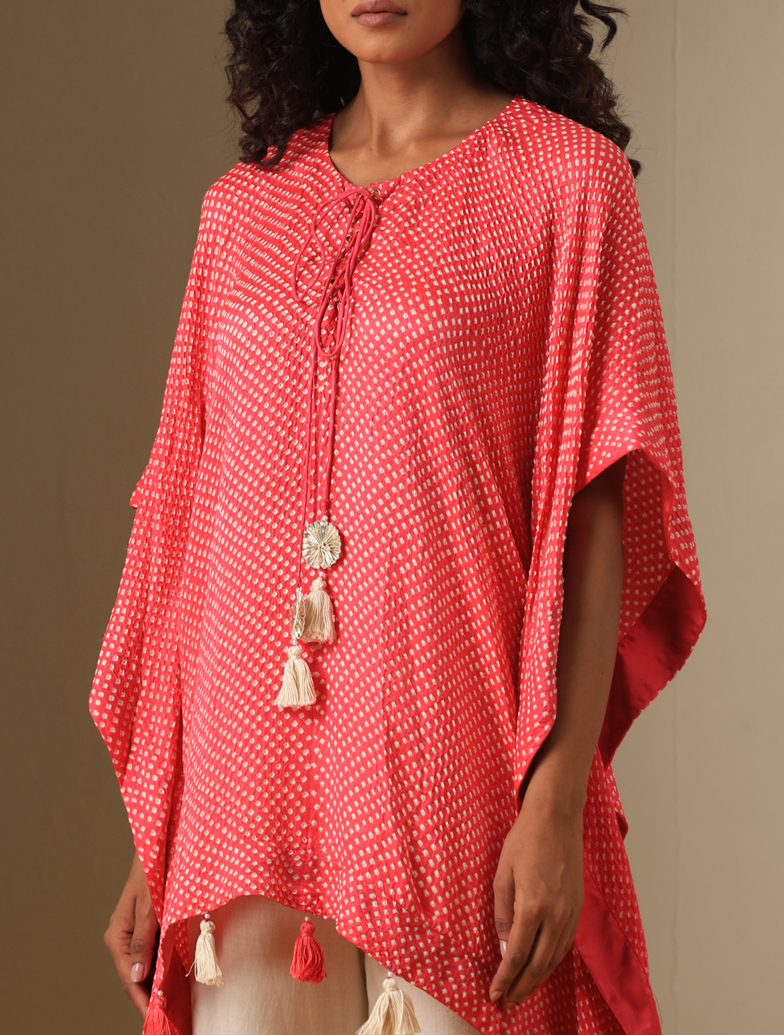 Gajji Silk Bandhani Stitched Kaftan Top in Coral Pink