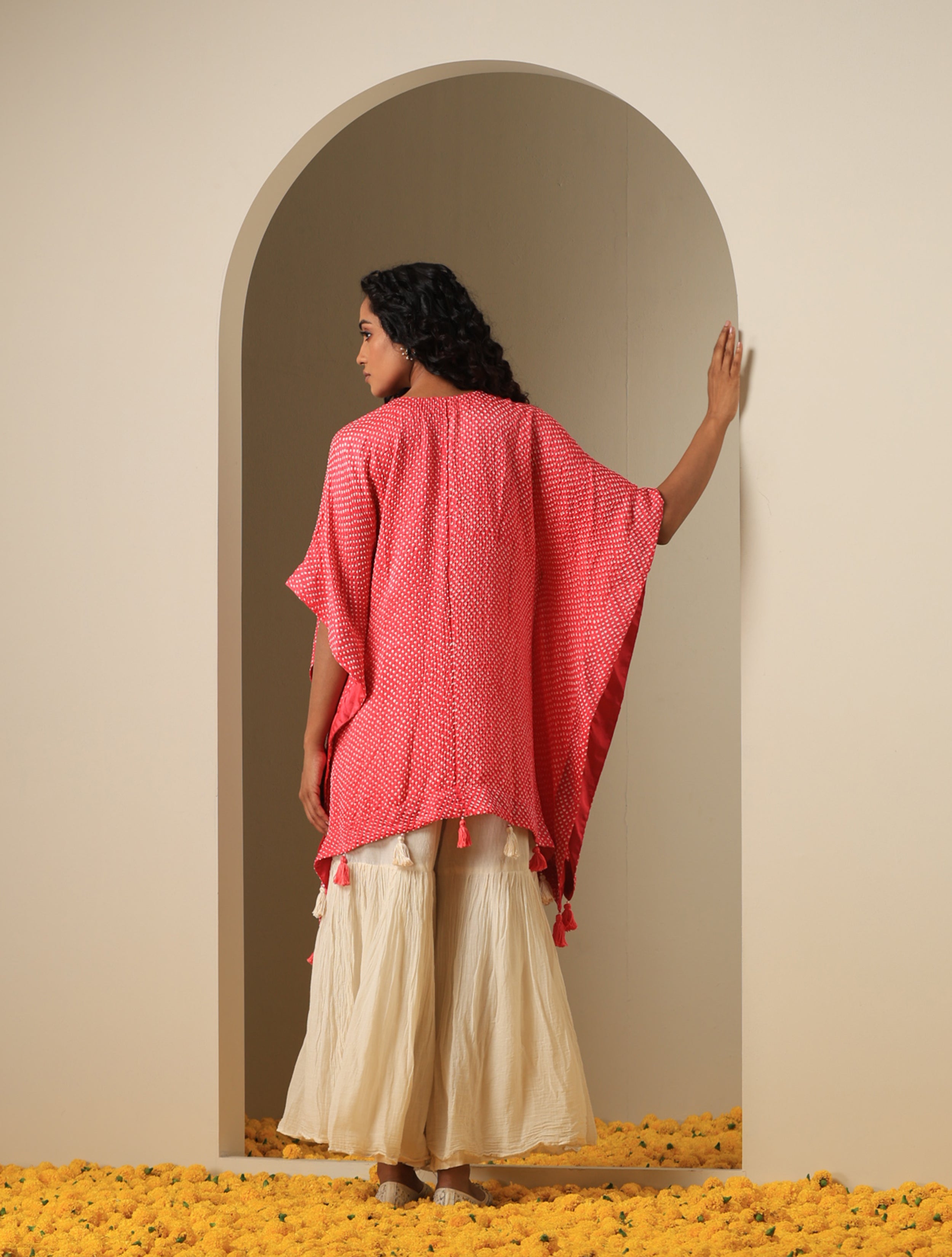 Gajji Silk Bandhani Stitched Kaftan Top in Coral Pink