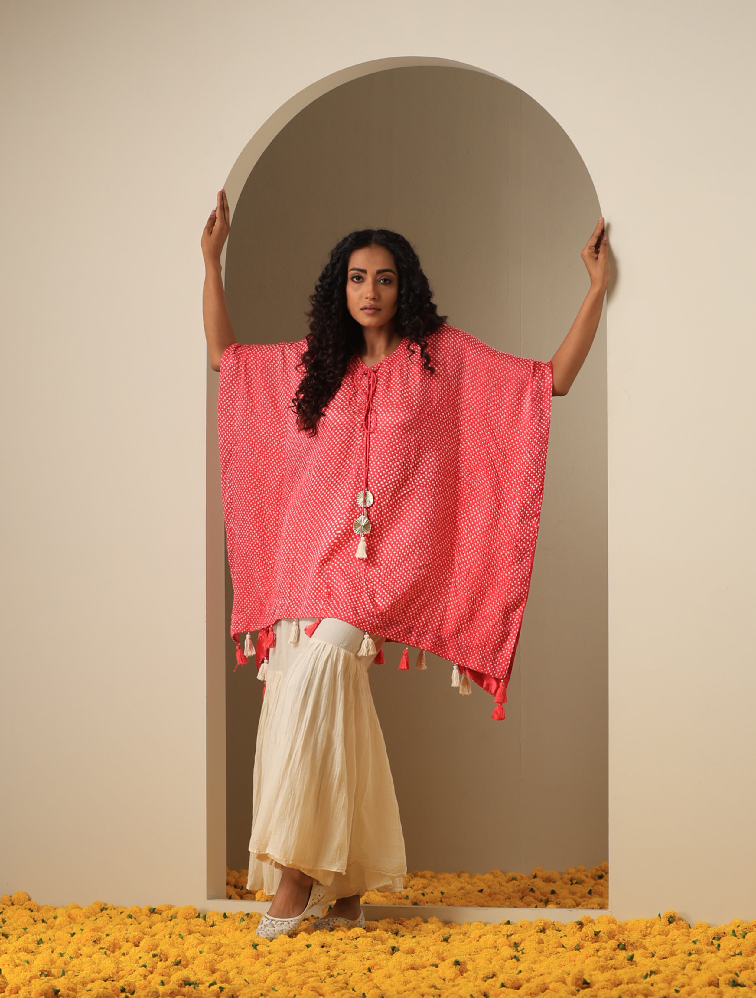 Gajji Silk Bandhani Stitched Kaftan Top in Coral Pink