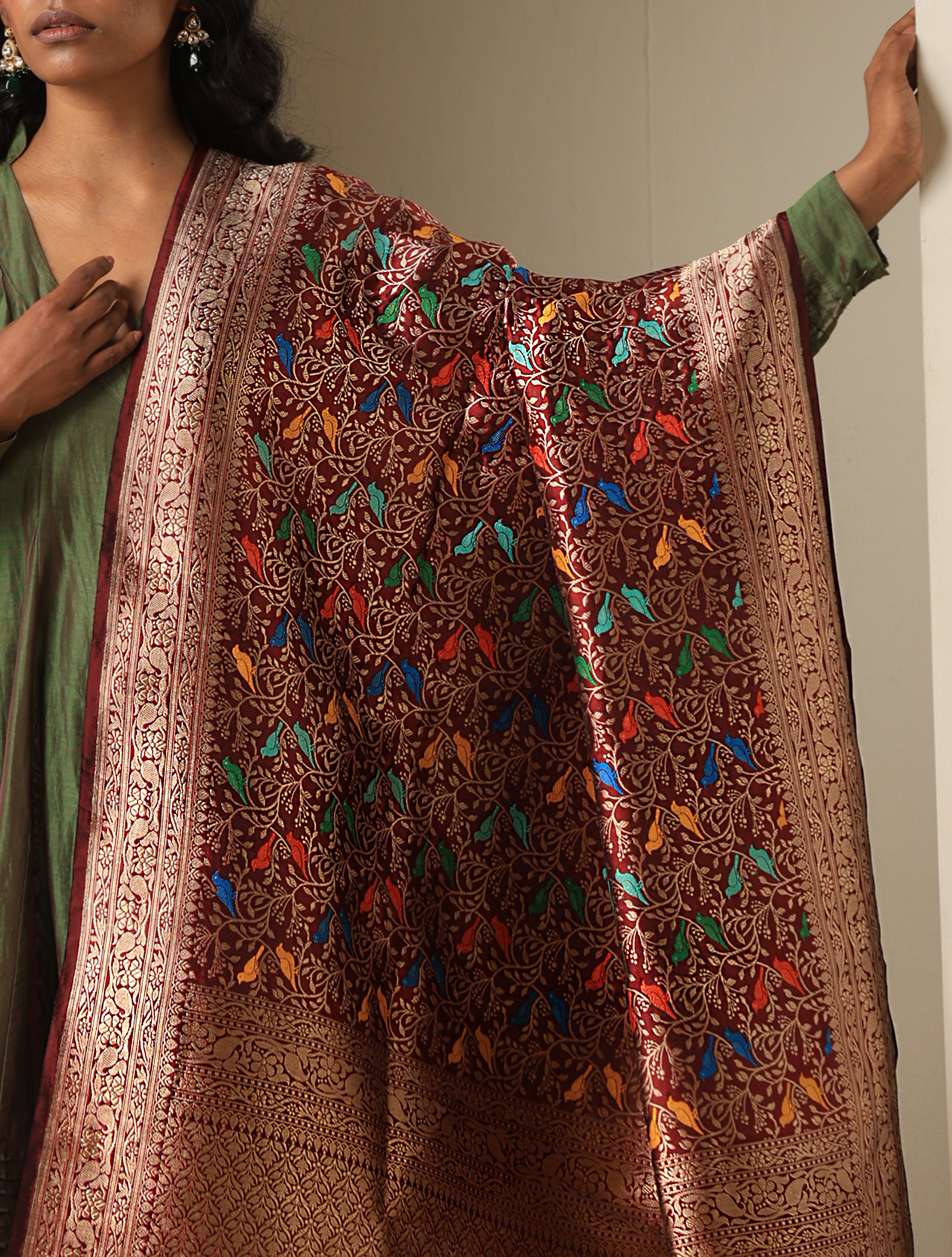 Handloom Banarasi Katan Silk Chidiya Dupatta