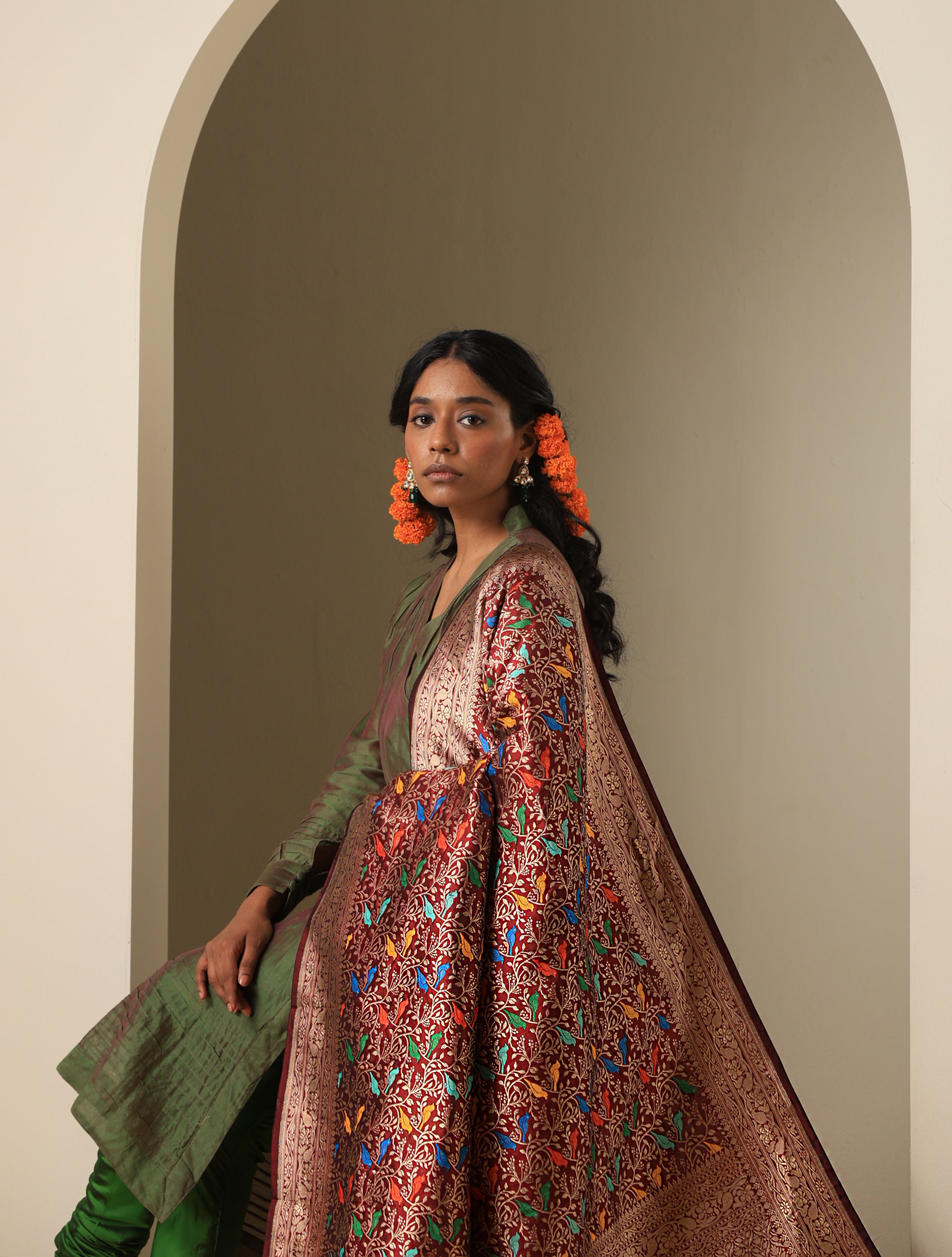 Handloom Banarasi Katan Silk Chidiya Dupatta