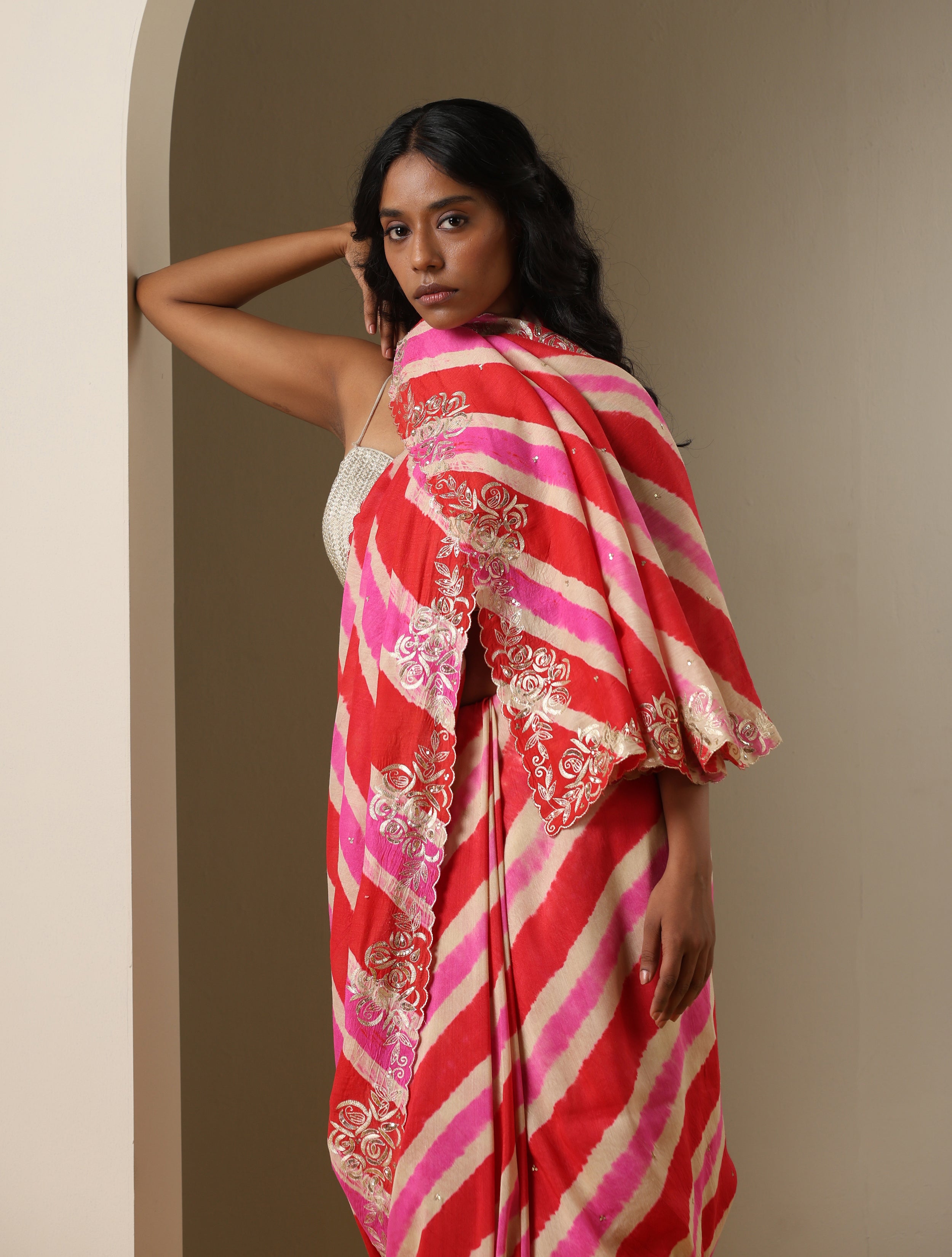 Leheriya Moonga Silk Pitta Embroidery Saree