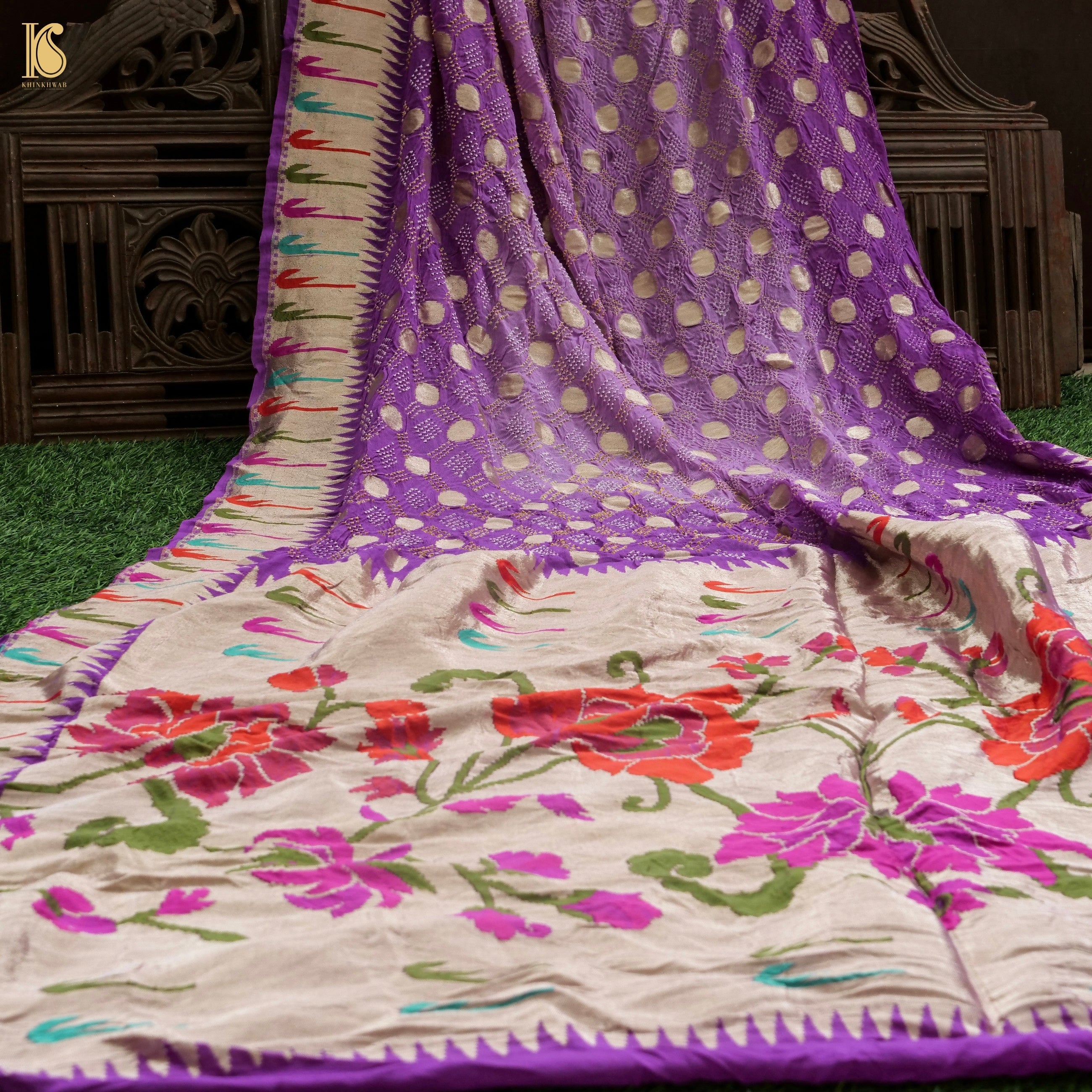 Violet Pure Georgette Muniya Border Banarasi Bareek Bandhani Saree - Khinkhwab