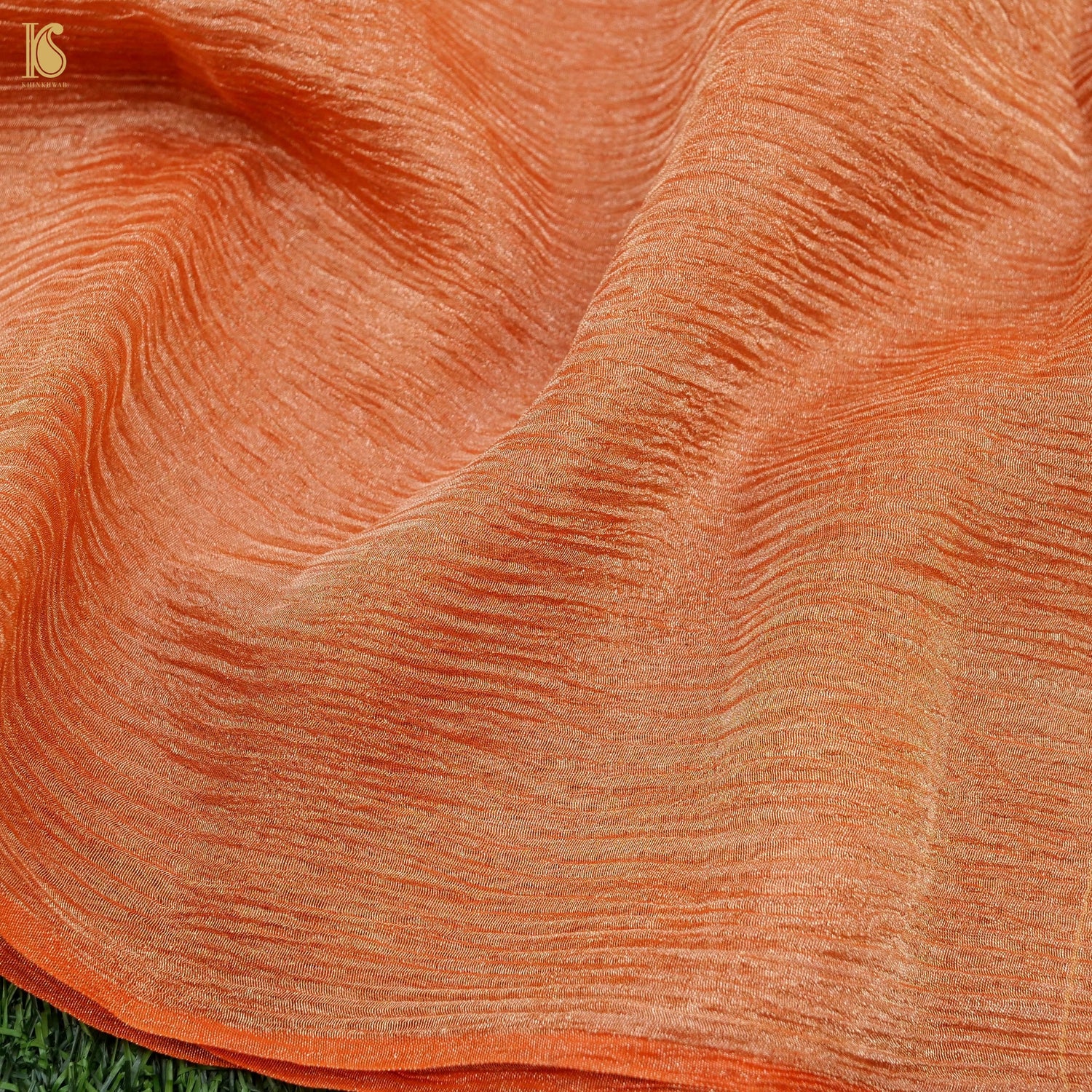 Chilean Fire Orange Wrinkle Pure Tissue Silk Saree - Khinkhwab