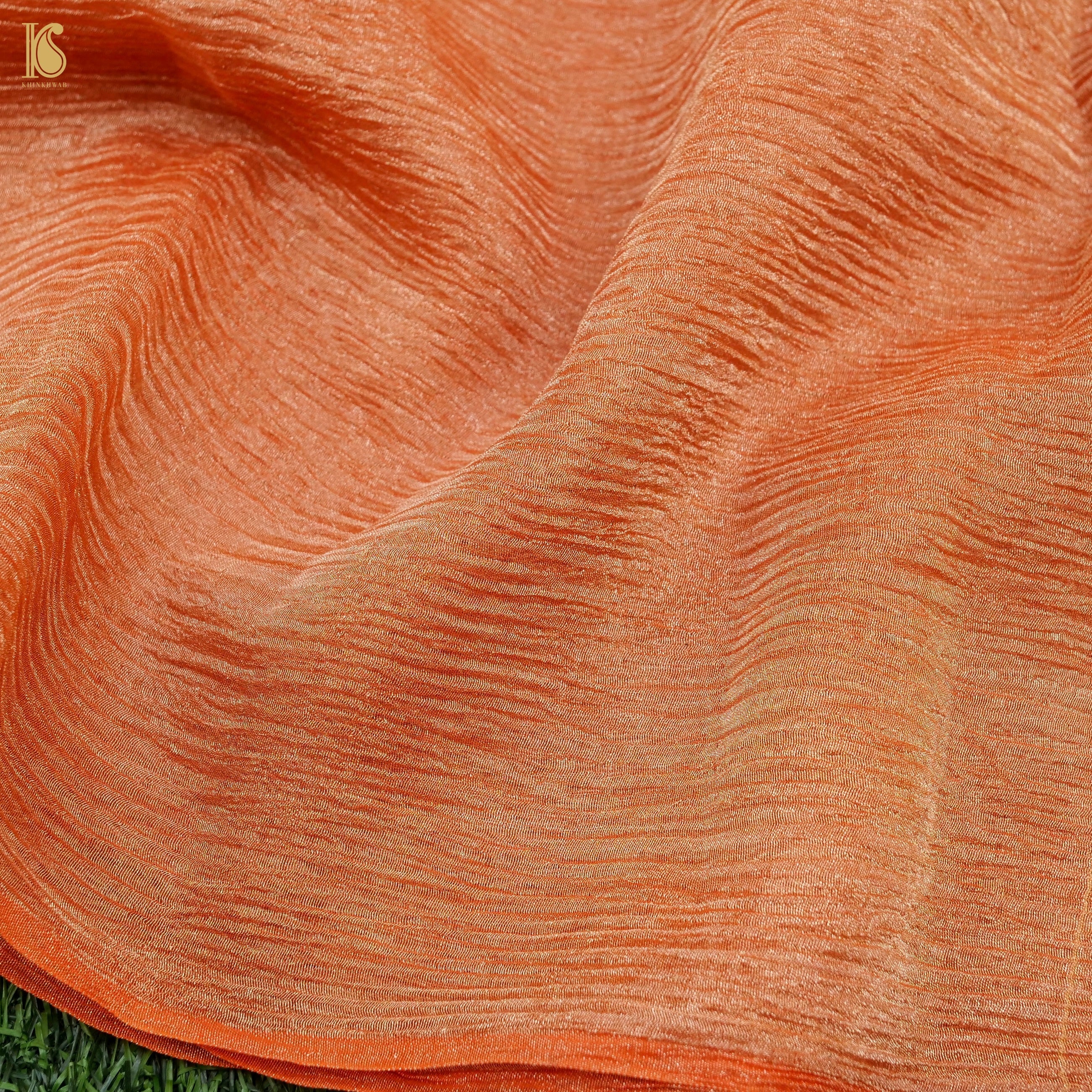 Chilean Fire Orange Wrinkle Pure Tissue Silk Saree - Khinkhwab