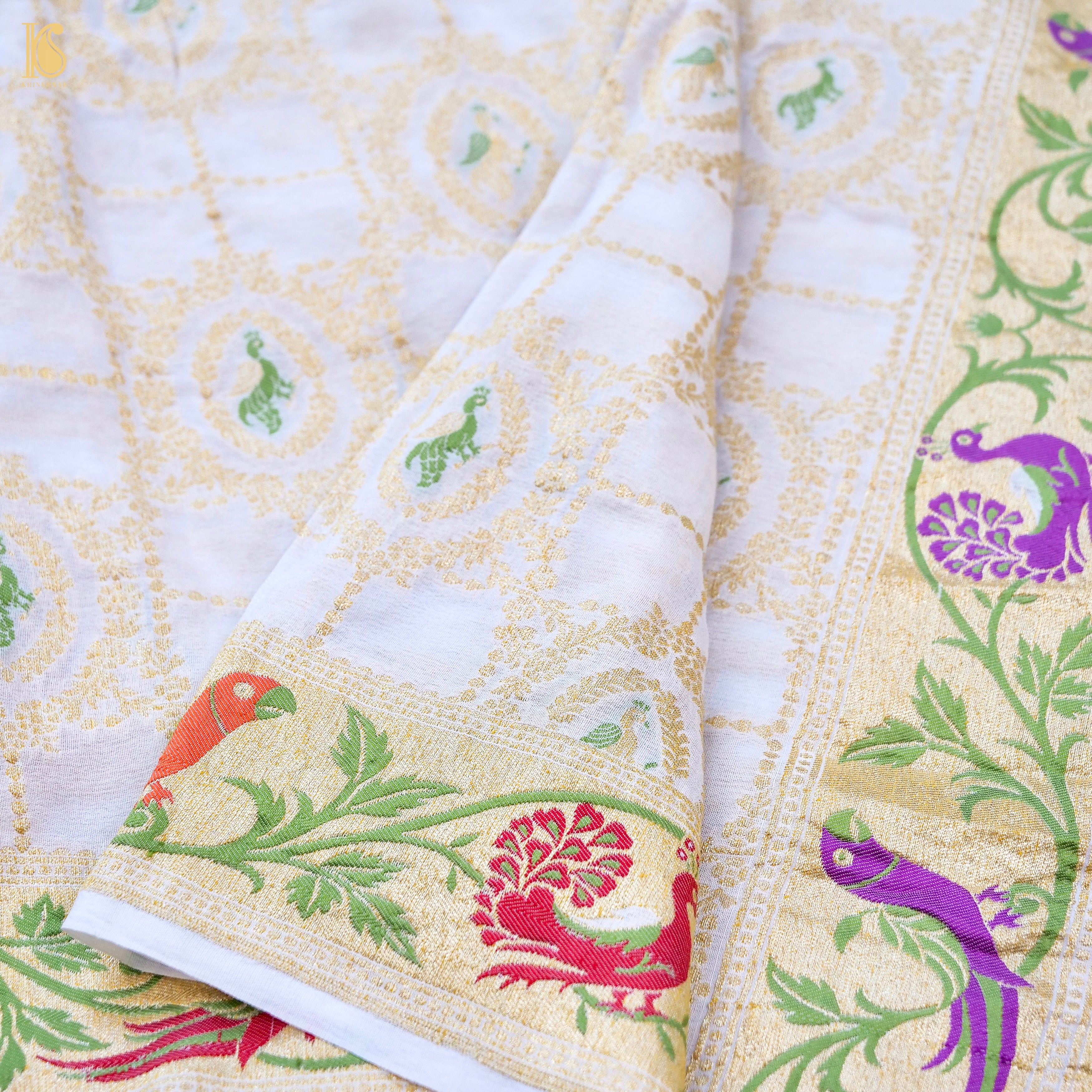 Dyeable Pure Georgette Banarasi Peacock & Parrot Saree