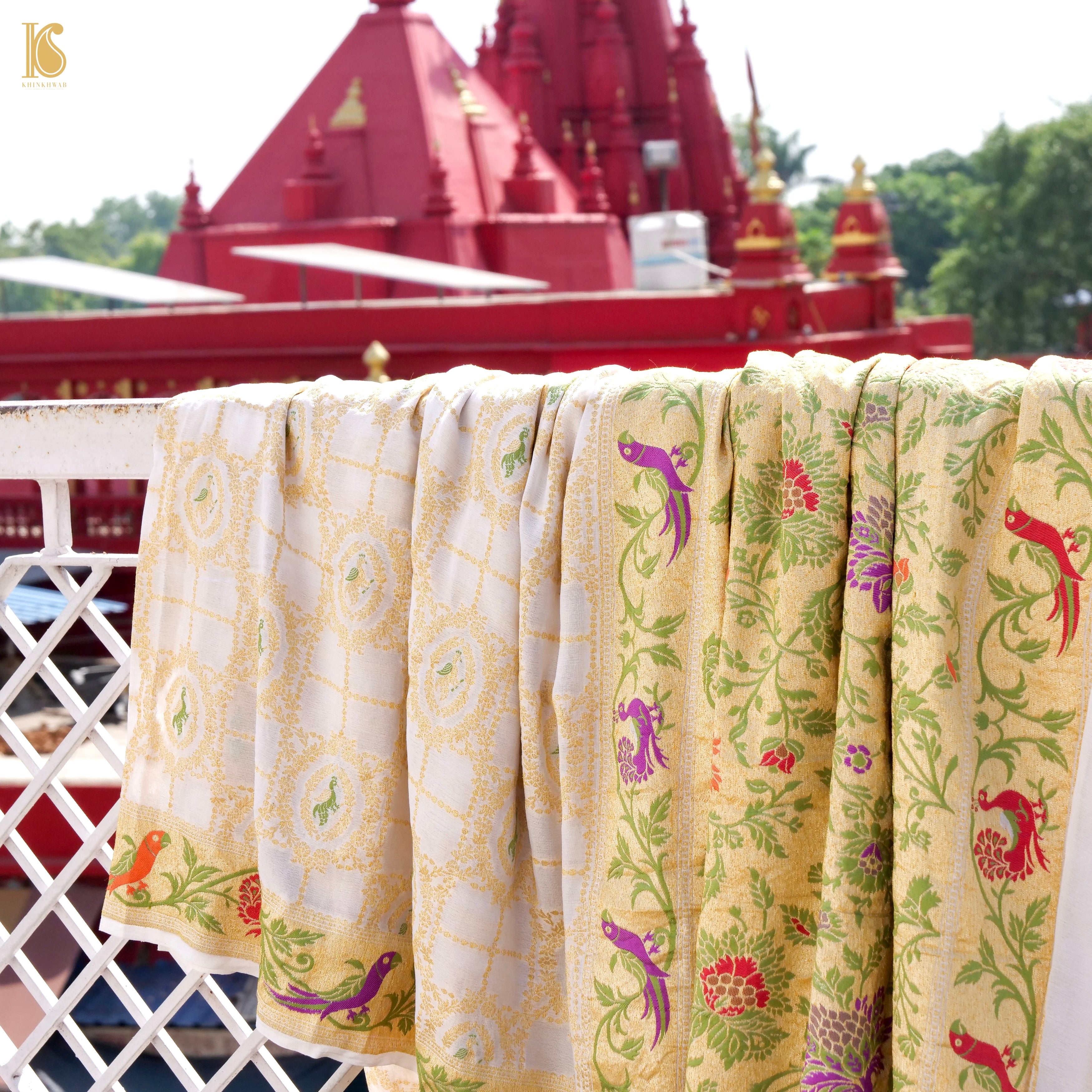 Dyeable Pure Georgette Banarasi Peacock & Parrot Saree