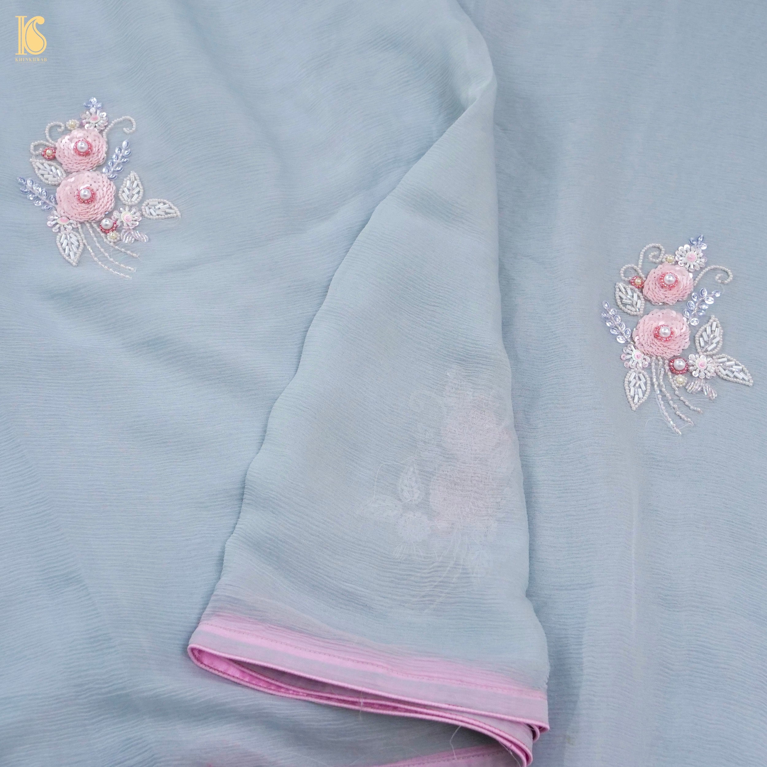 Pure Chiffon Saree with Sequence and Pearl Hand Embroidery
