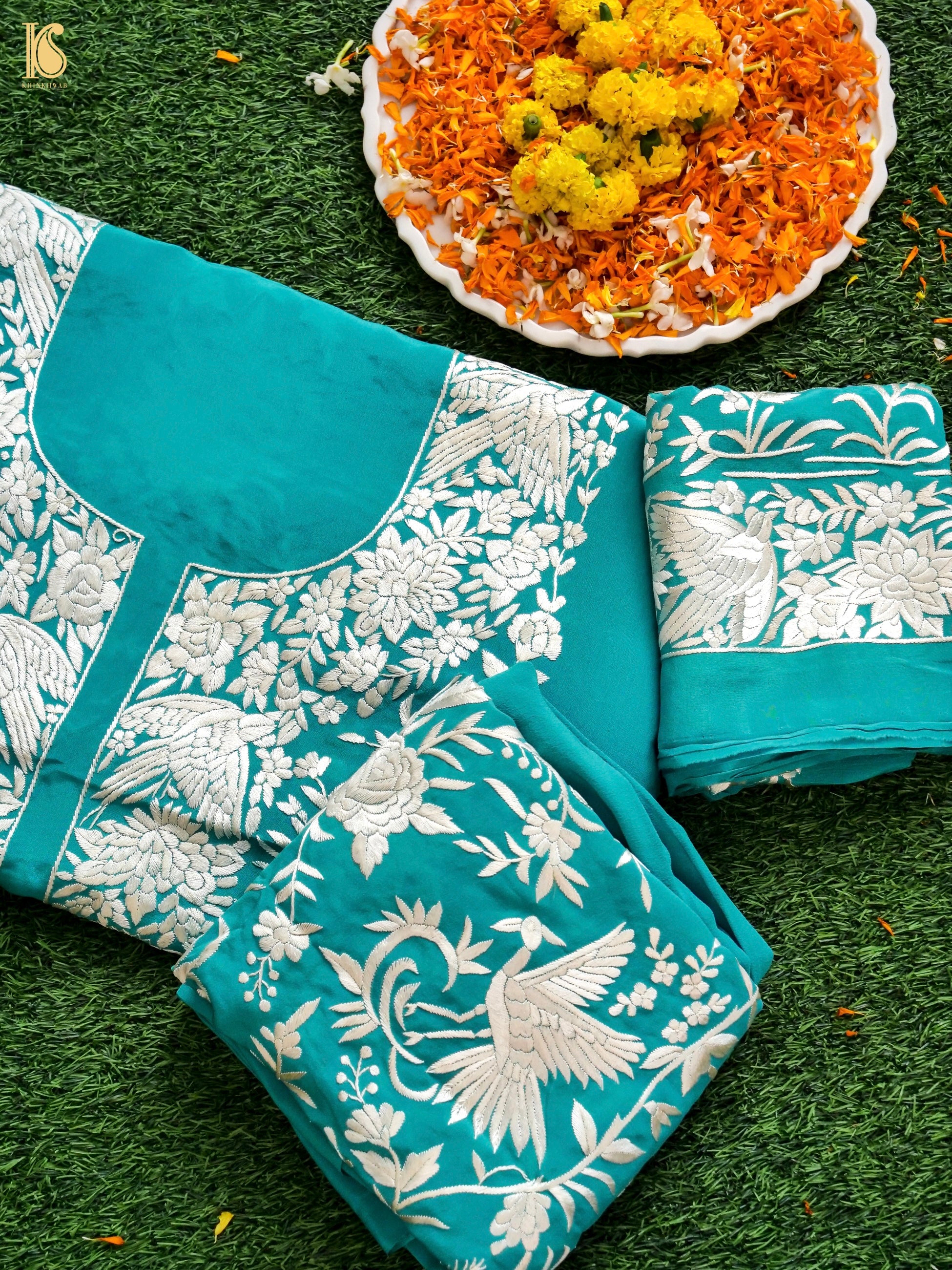Parsi Gara Pure Crepe Kurta and Bottoms Fabric