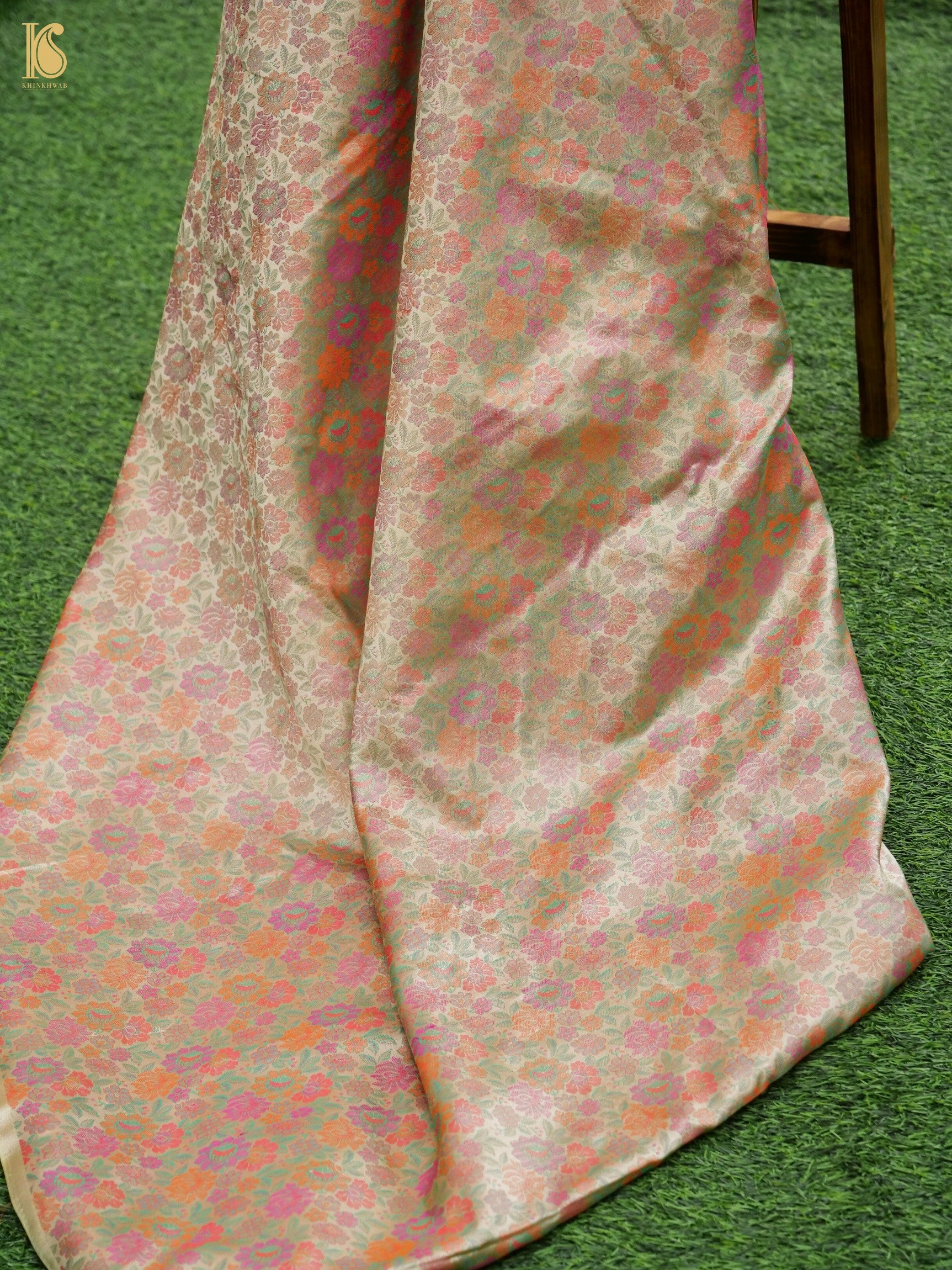 Handloom Banarasi Tanchoi Silk Peonies Fabric