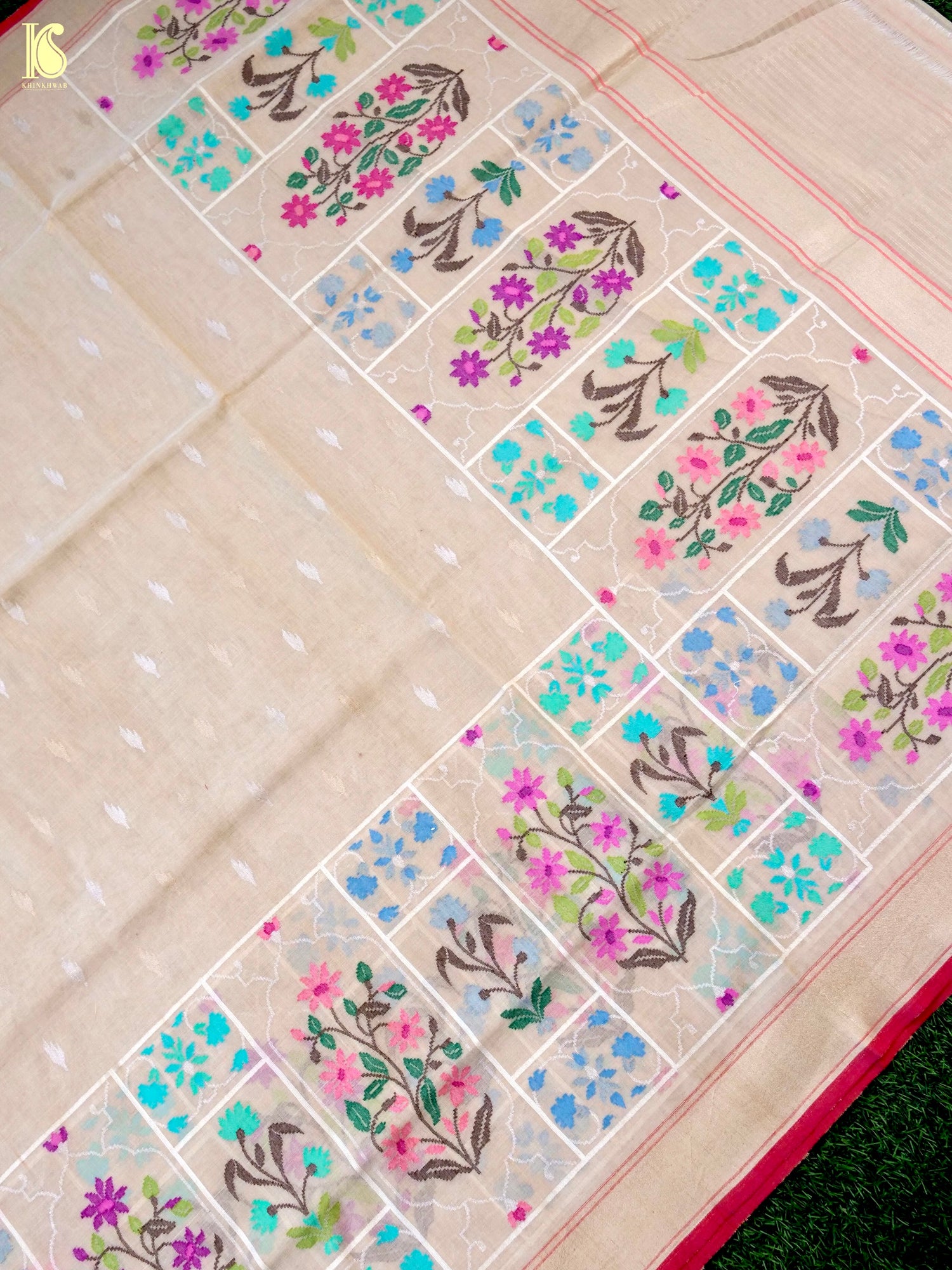 Handloom Banarasi Real Siver Zari Cotton Jamdani Saree