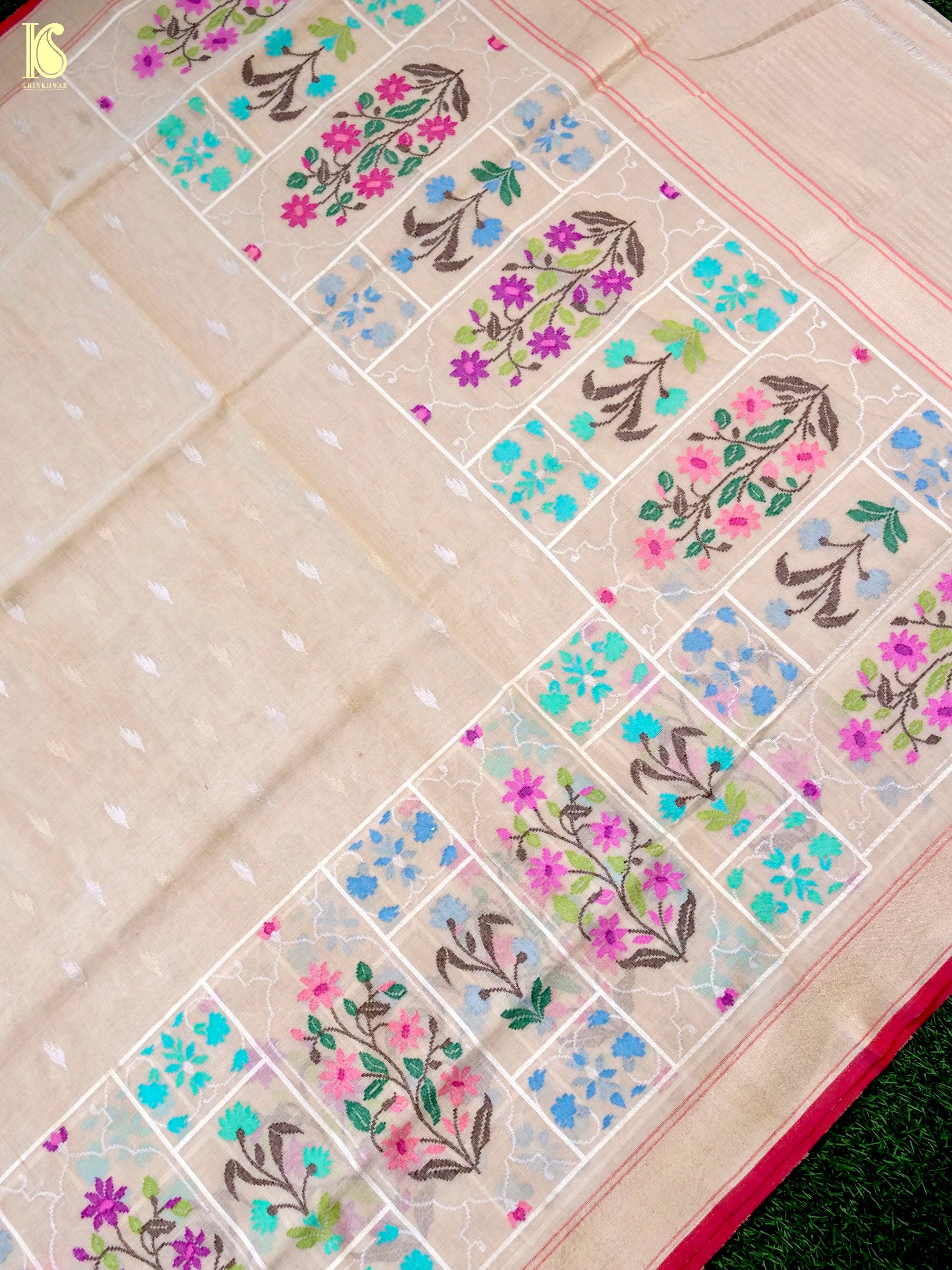 Handloom Banarasi Real Siver Zari Cotton Jamdani Saree