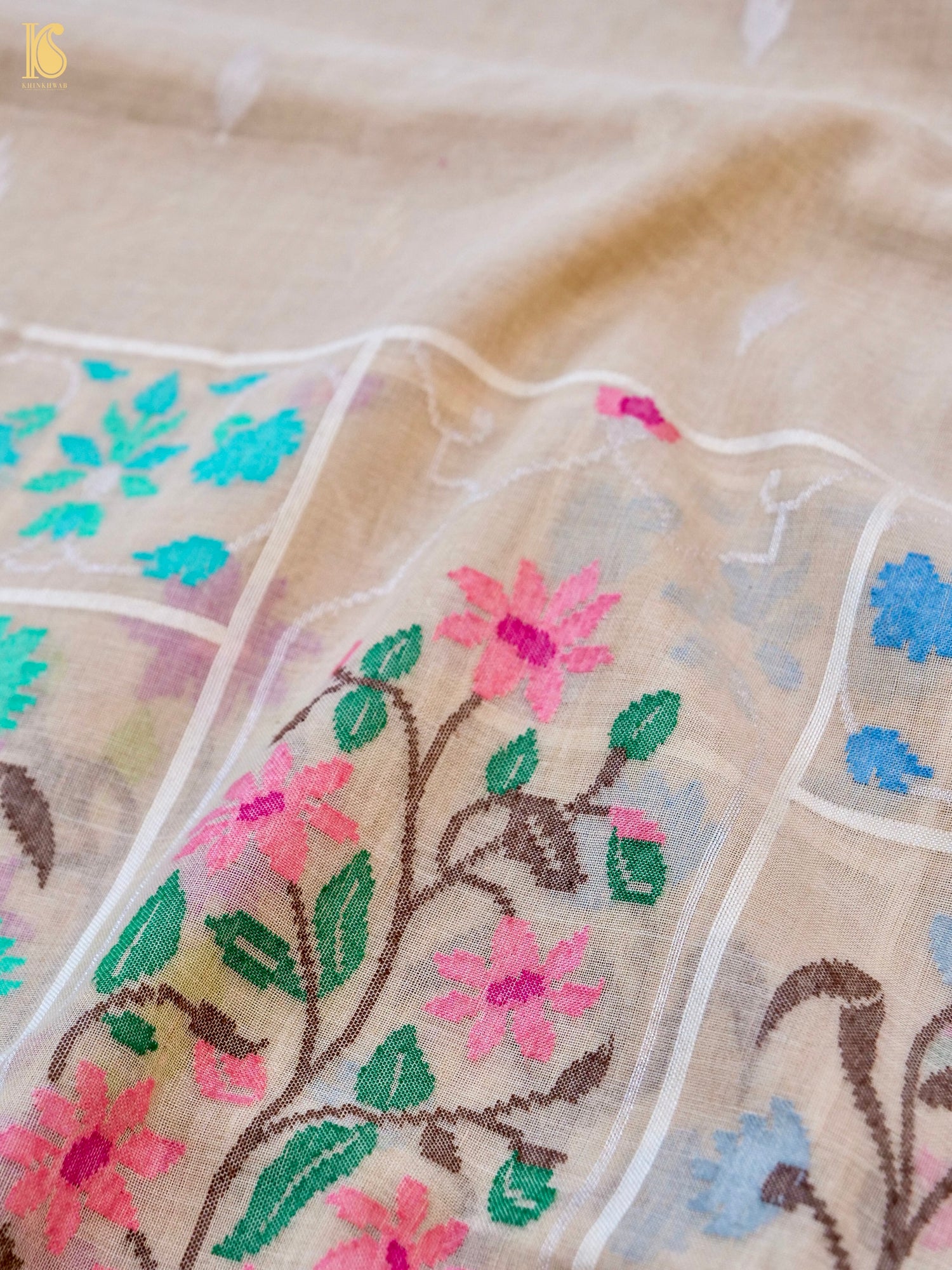 Handloom Banarasi Real Siver Zari Cotton Jamdani Saree