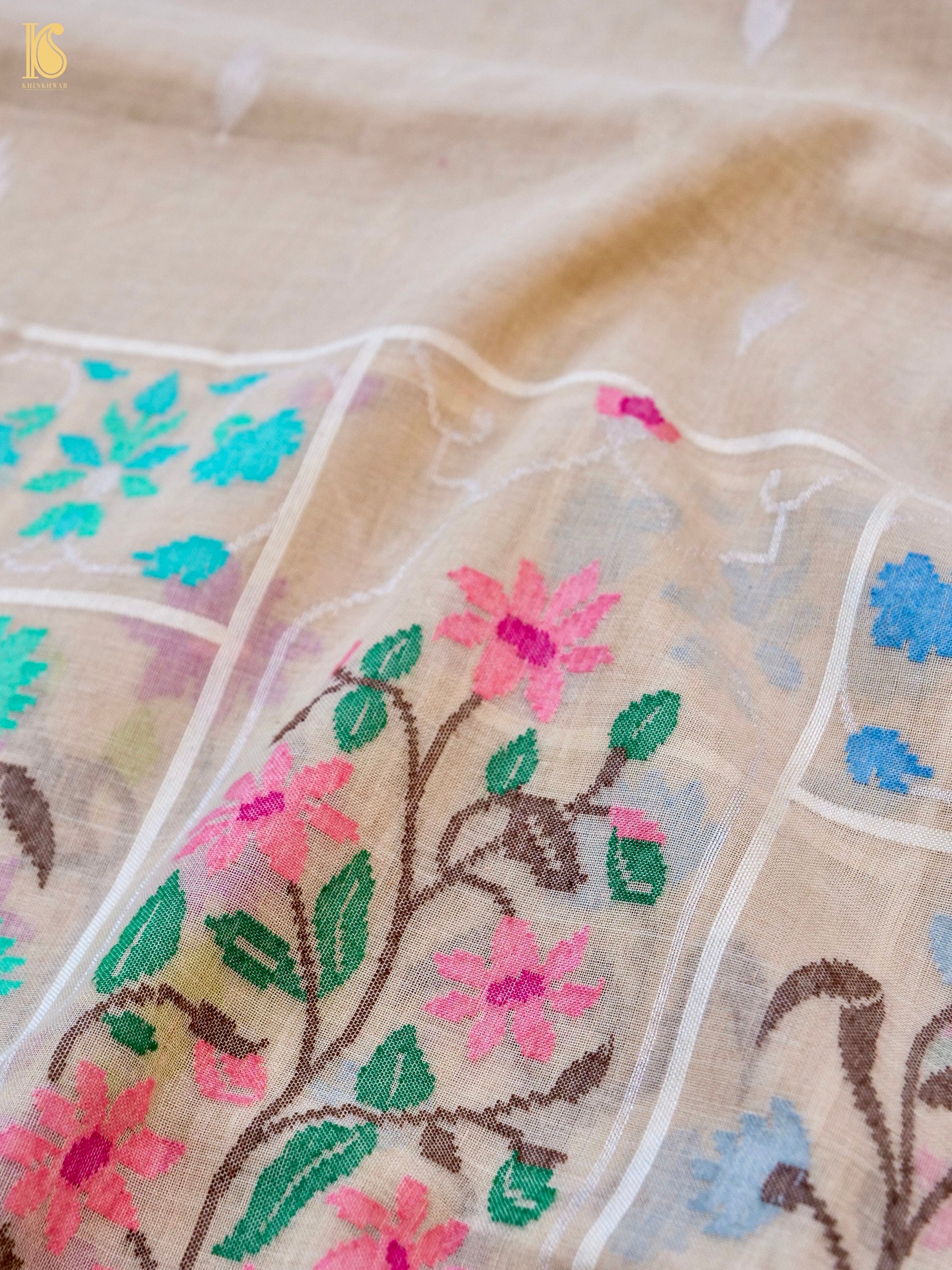 Handloom Banarasi Real Siver Zari Cotton Jamdani Saree