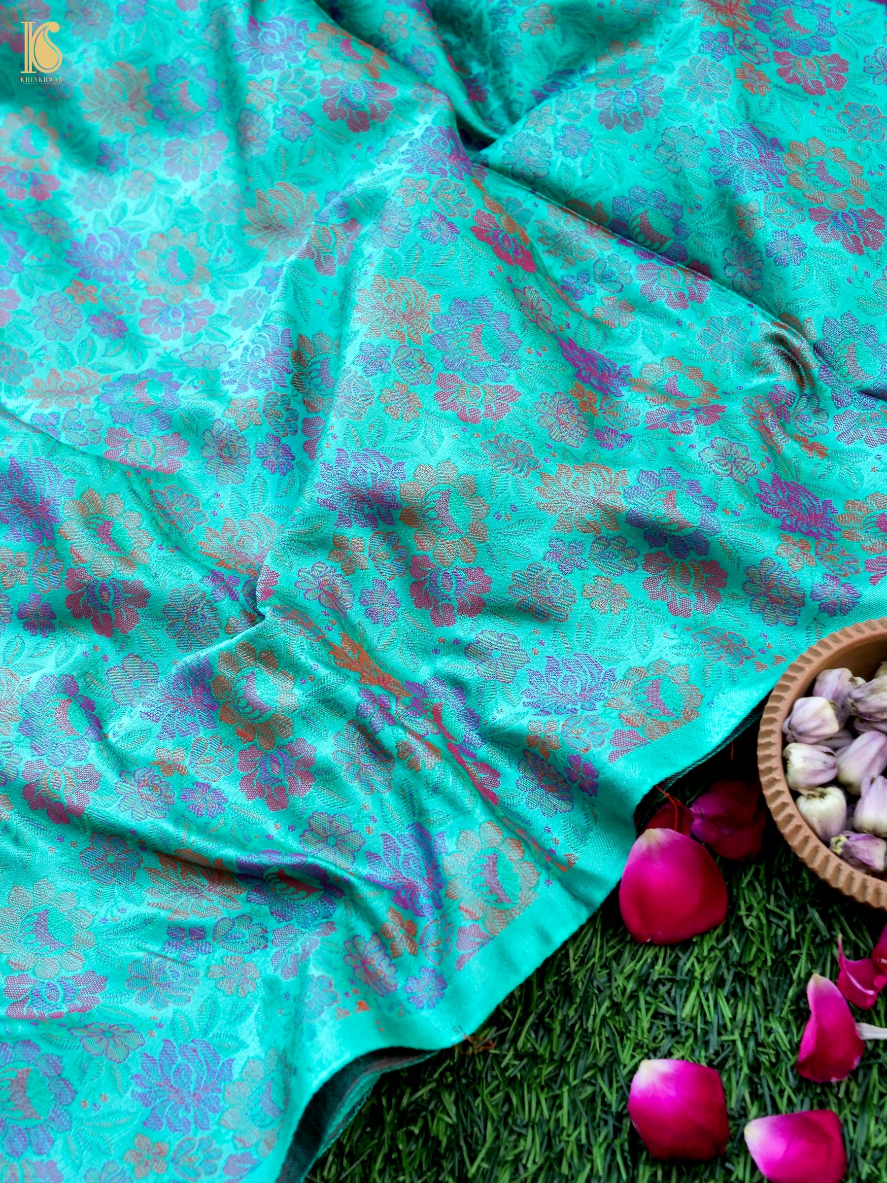 Handloom Banarasi Tanchoi Silk Peonies Fabric
