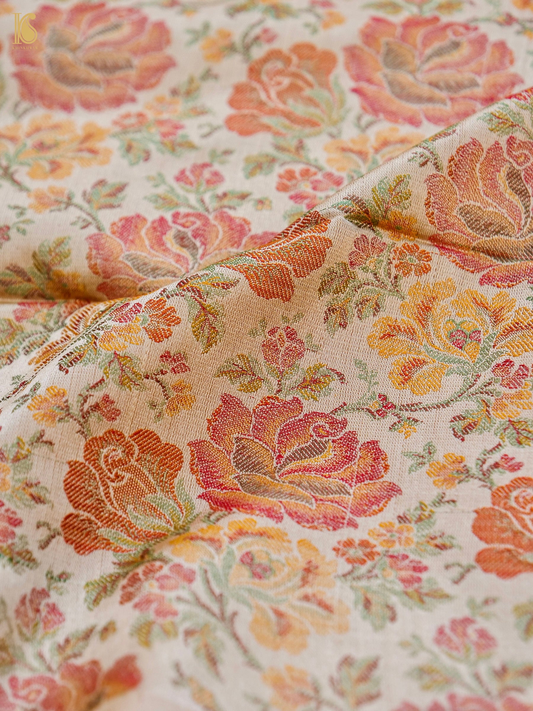 Handloom Banarasi Tanchoi Silk Rose Fabric