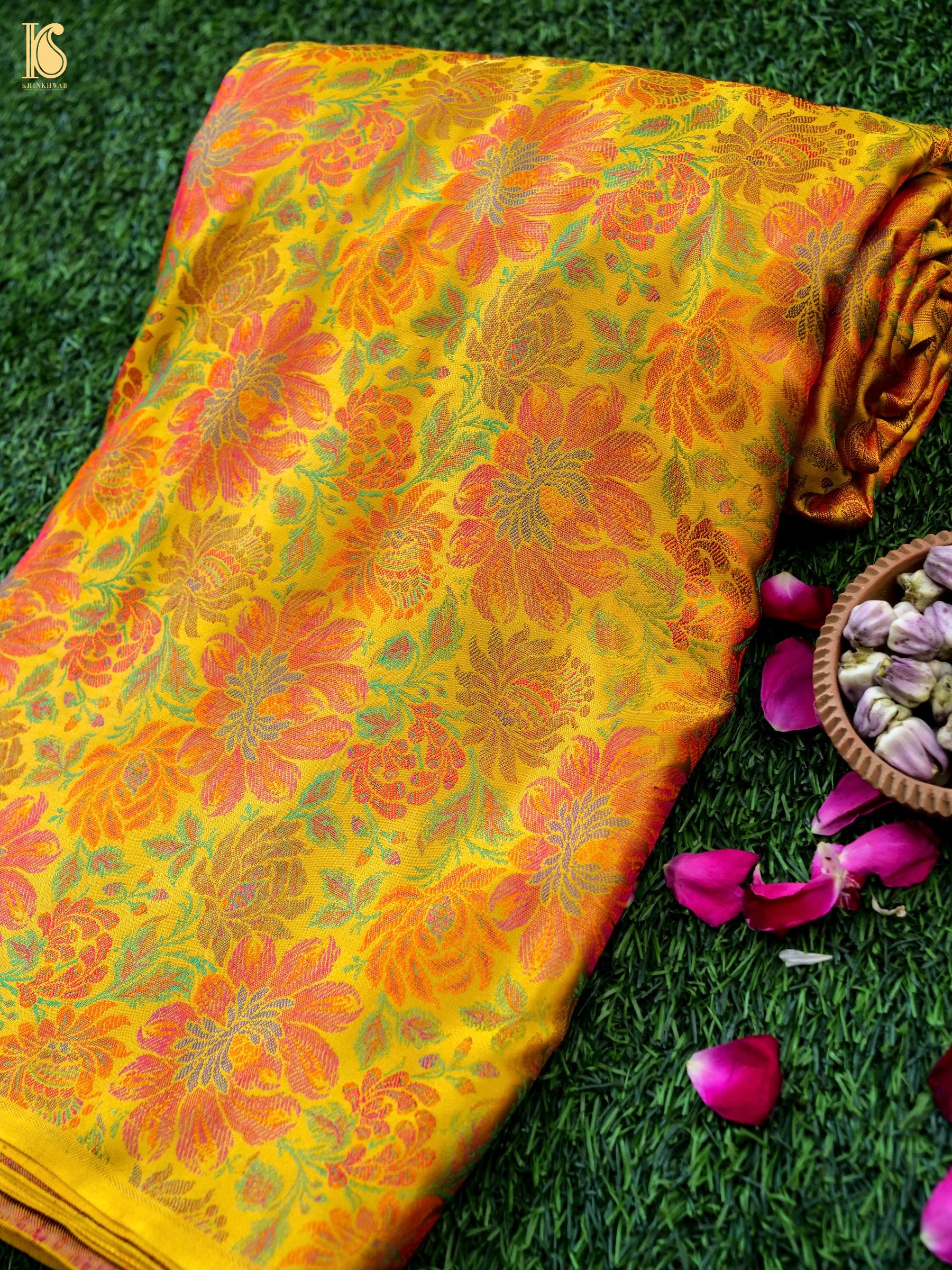 Handloom Banarasi Tanchoi Silk Marigold Fabric