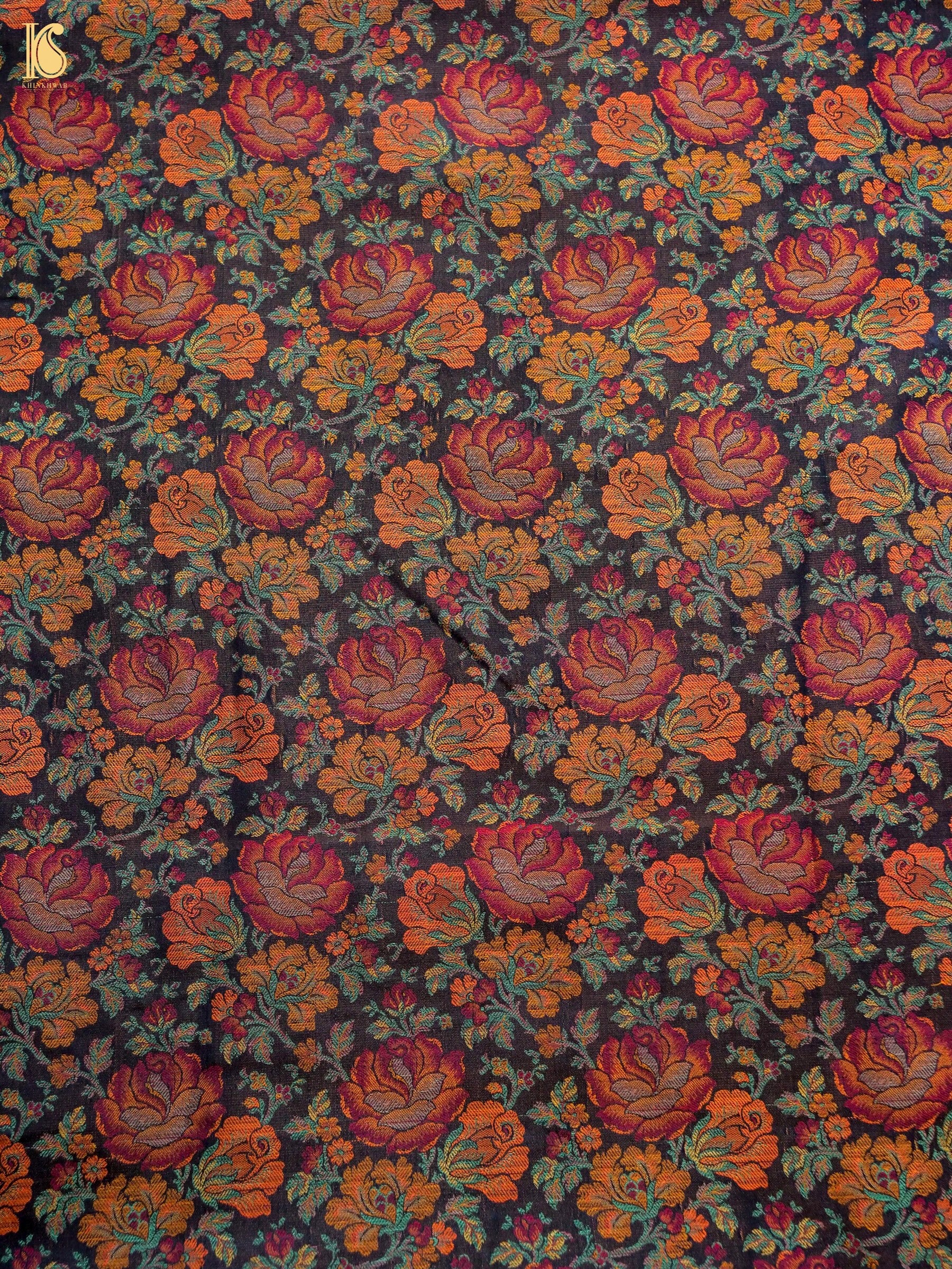 Handloom Banarasi Tanchoi Silk Rose Fabric