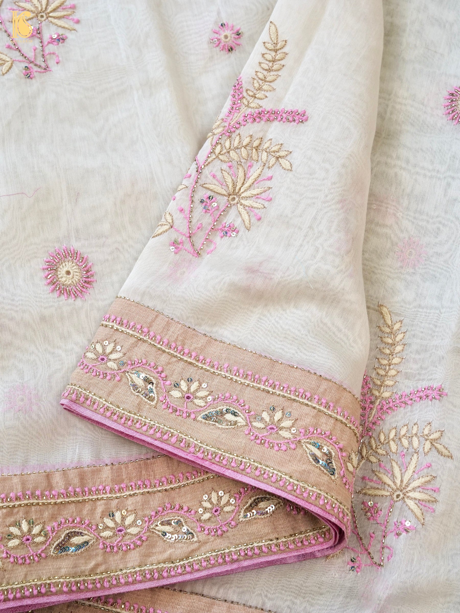 White Pure Chanderi Silk Chikankari Saree