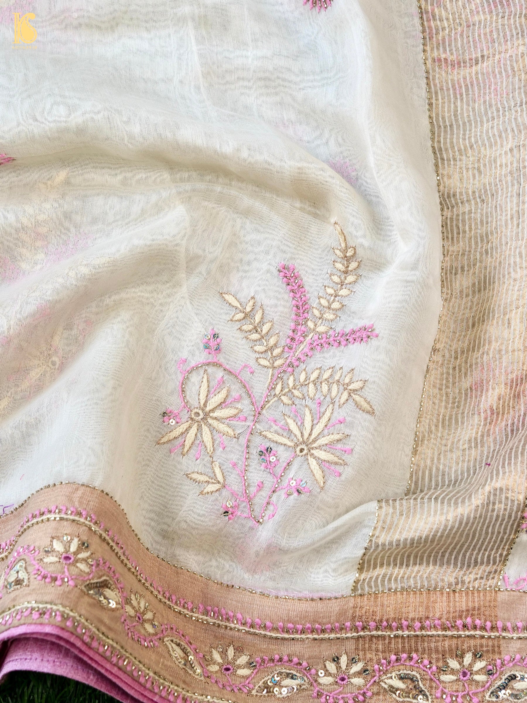 White Pure Chanderi Silk Chikankari Saree