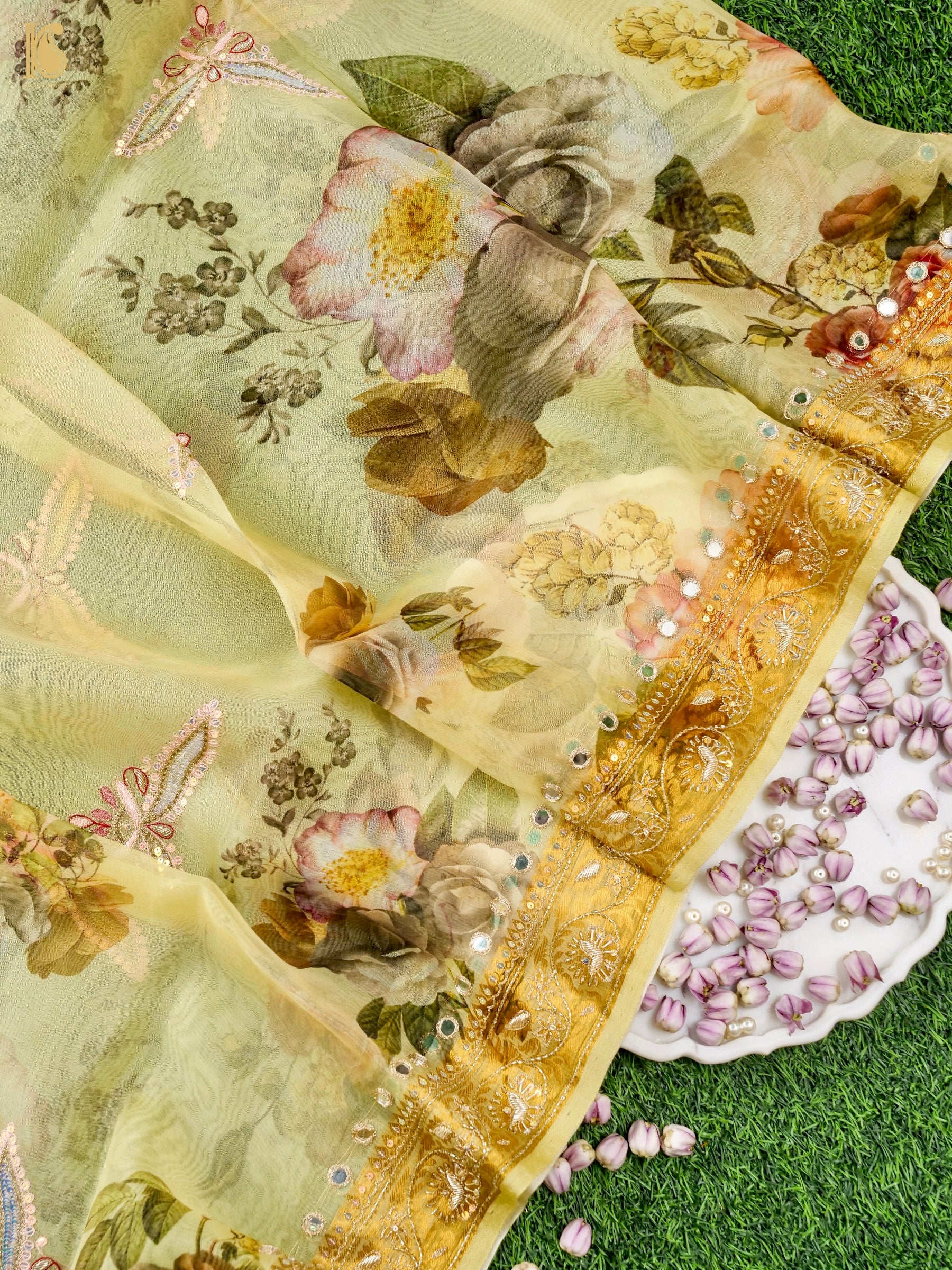 Organza Floral Printed Dupatta with Banarasi Border