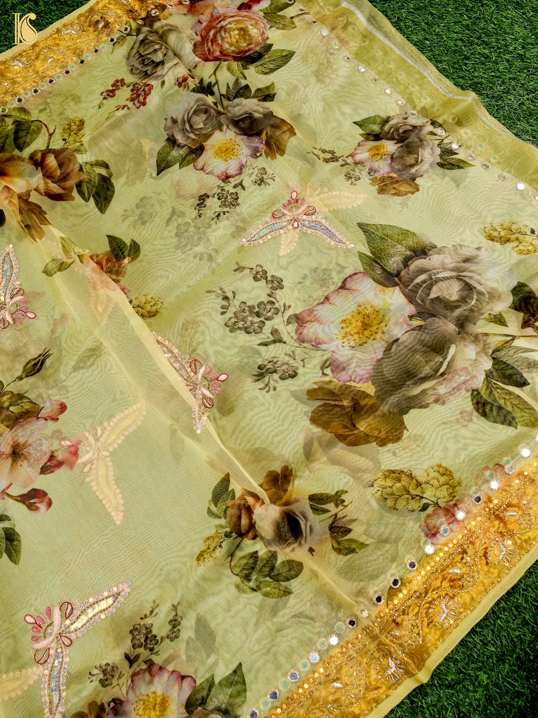 Organza Floral Printed Dupatta with Banarasi Border