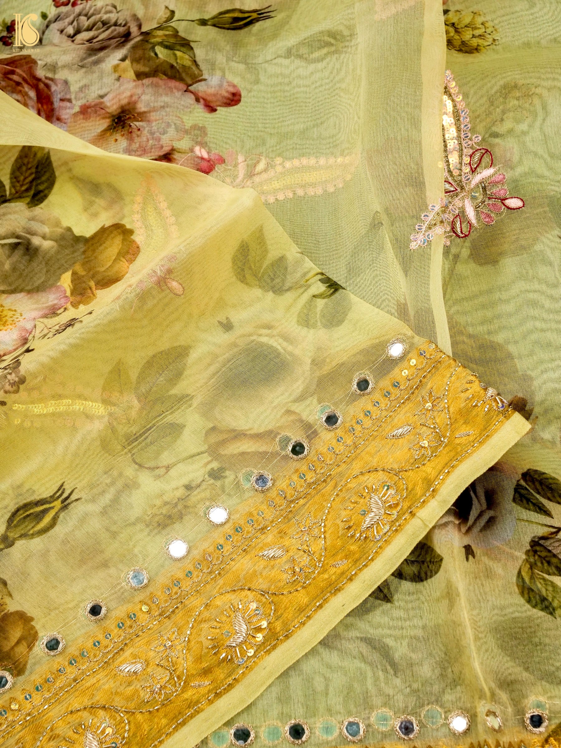 Organza Floral Printed Dupatta with Banarasi Border