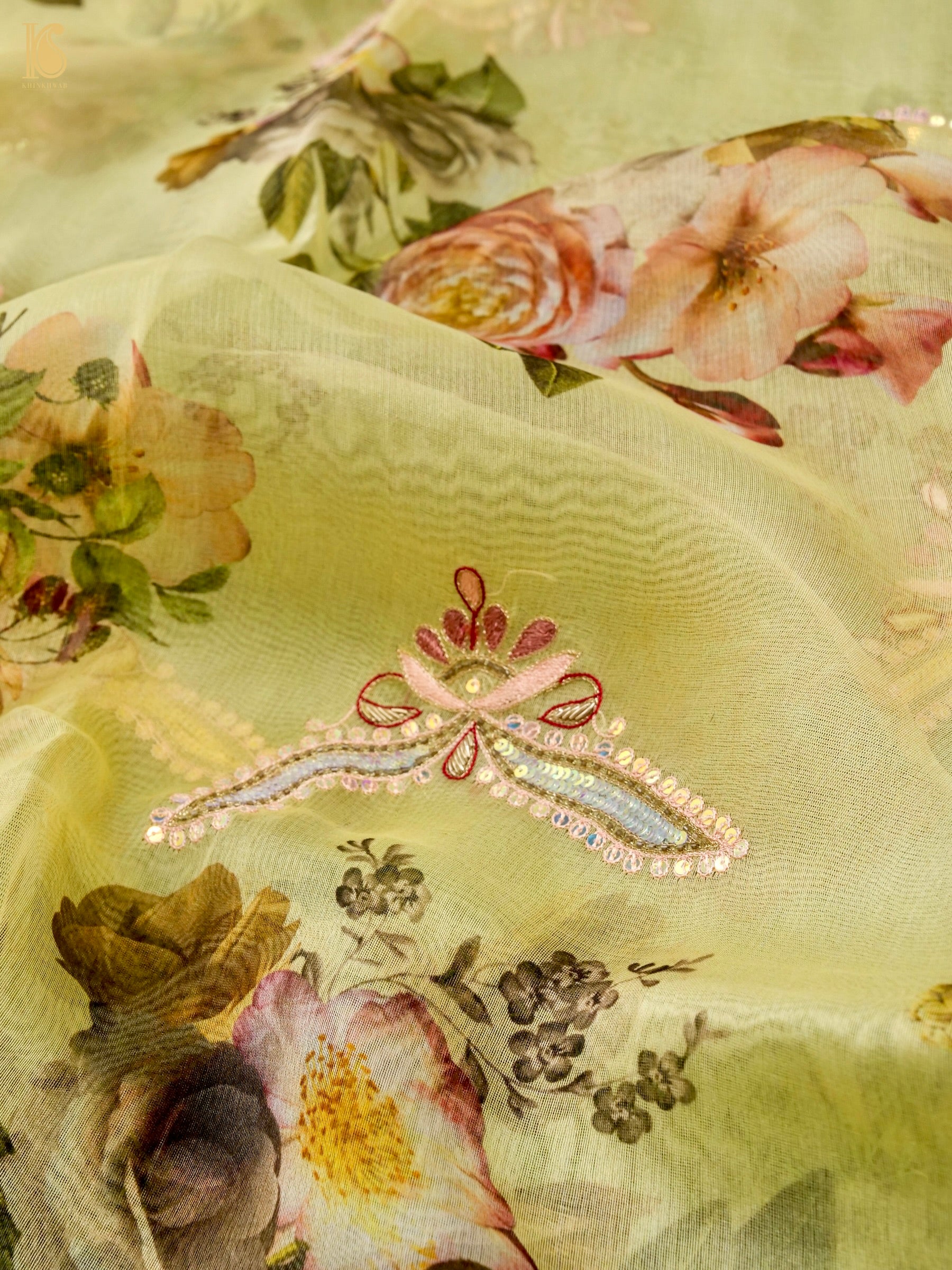 Organza Floral Printed Dupatta with Banarasi Border