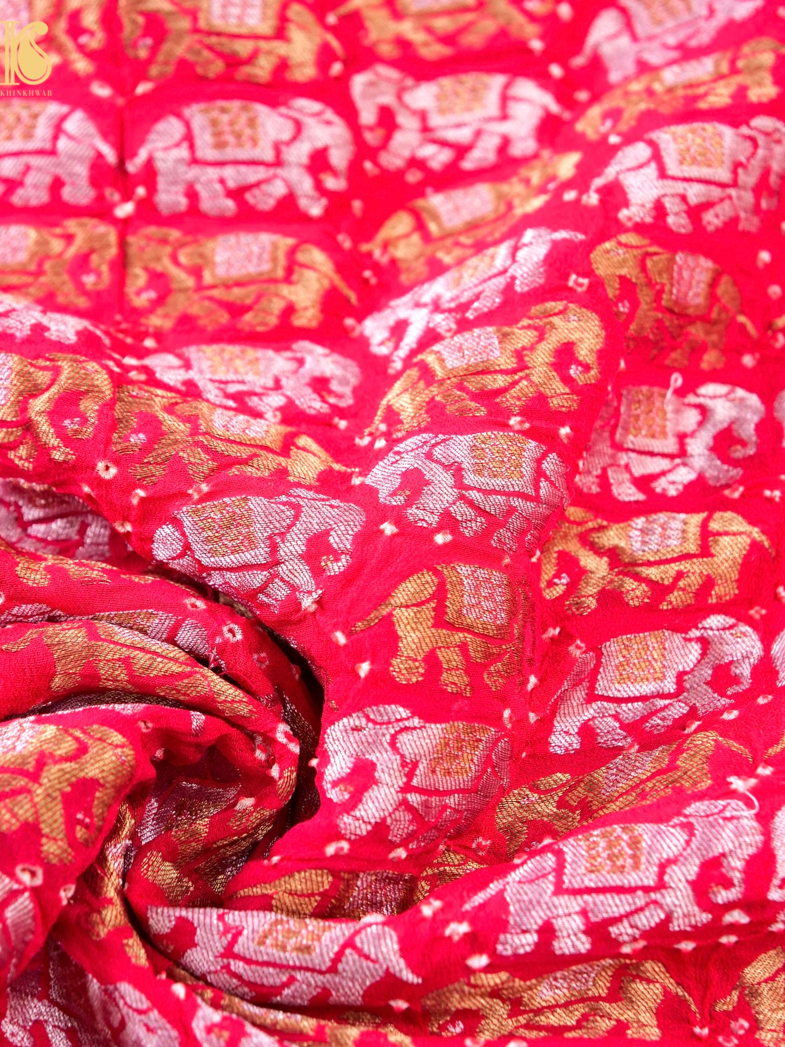 Red Pure Georgette Handloom Banarasi Bandhani Fabric
