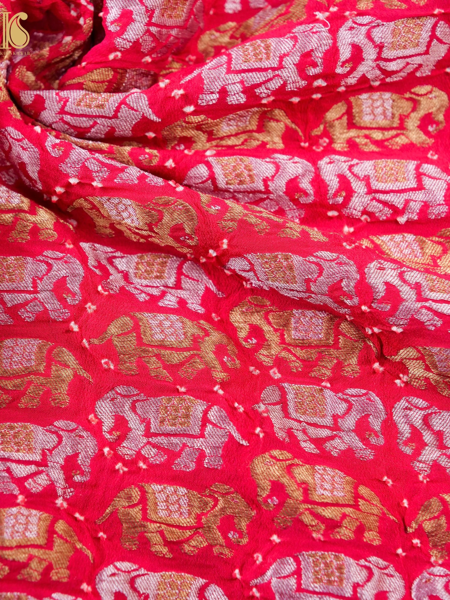 Red Pure Georgette Handloom Banarasi Bandhani Fabric